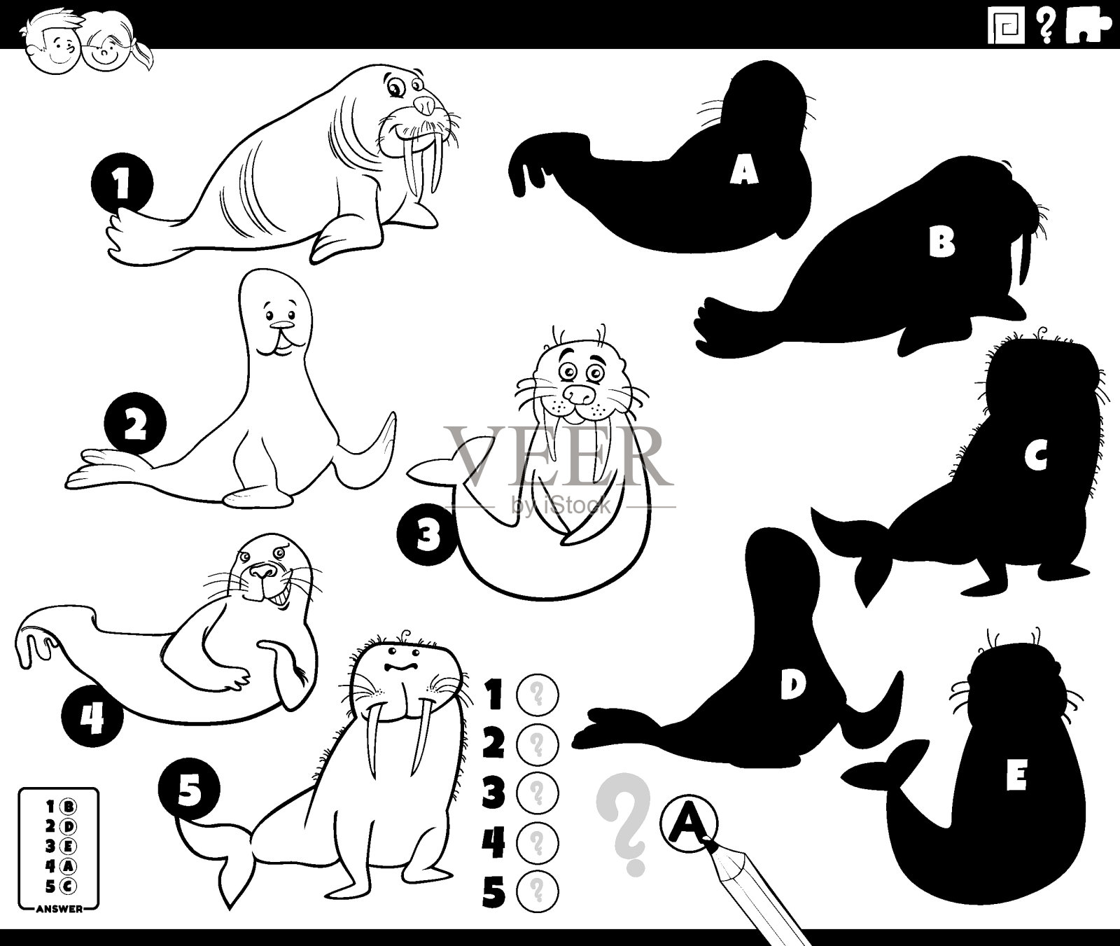 与卡通海豹和海象着色页阴影活动插画图片素材