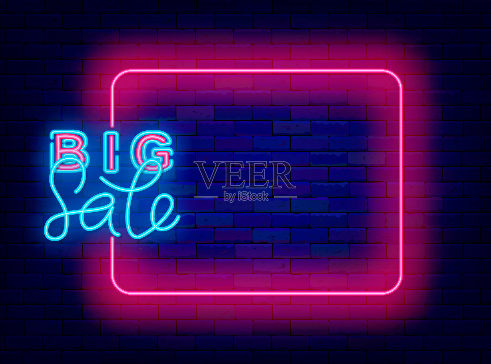 大减价霓虹灯海报。特价促销。闪亮的贺卡。空的粉红色框架和字母。矢量图插画图片素材