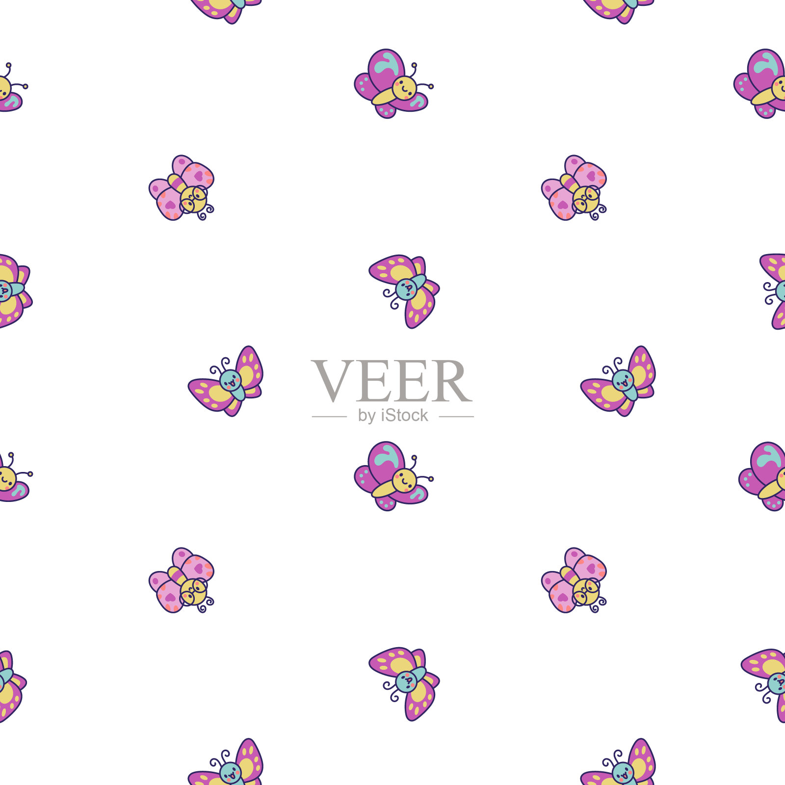 微笑的卡哇伊蝴蝶。无缝模式。可爱的卡通有趣的昆虫。手绘风格。矢量图。设计的饰品。插画图片素材