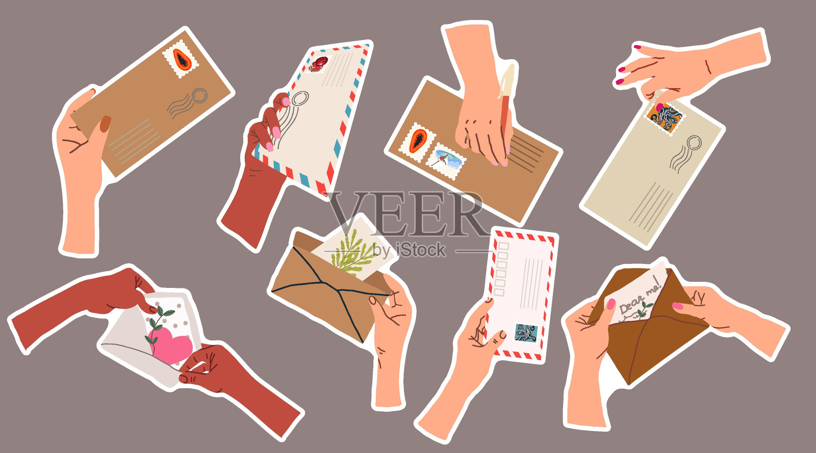 寄信贴纸包。男女手执贴邮票的信封，书写和阅读纸质信件。新潮的明信片，邮件传递矢量集。信封、邮件、信件在手。插画图片素材