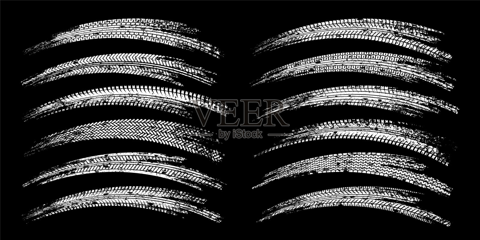 破烂的轮胎印，车轮刹车印。卡车，汽车或摩托车胎面图案轮廓。汽车竞赛、赛车运动、竞速设计元素。矢量图插画图片素材