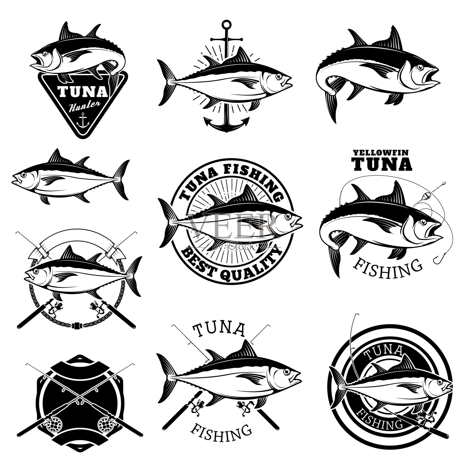 金枪鱼捕鱼。渔队队徽的设计元素。矢量插图。插画图片素材