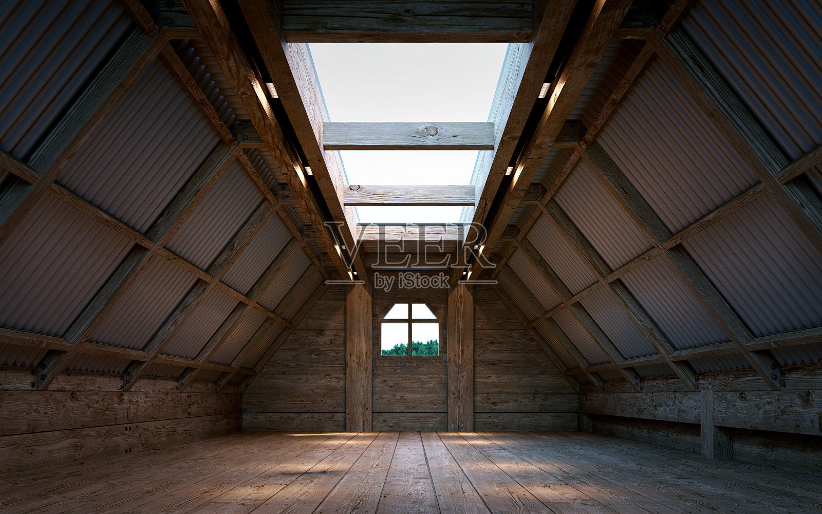 带天窗的空木制阁楼结构。三维渲染照片摄影图片