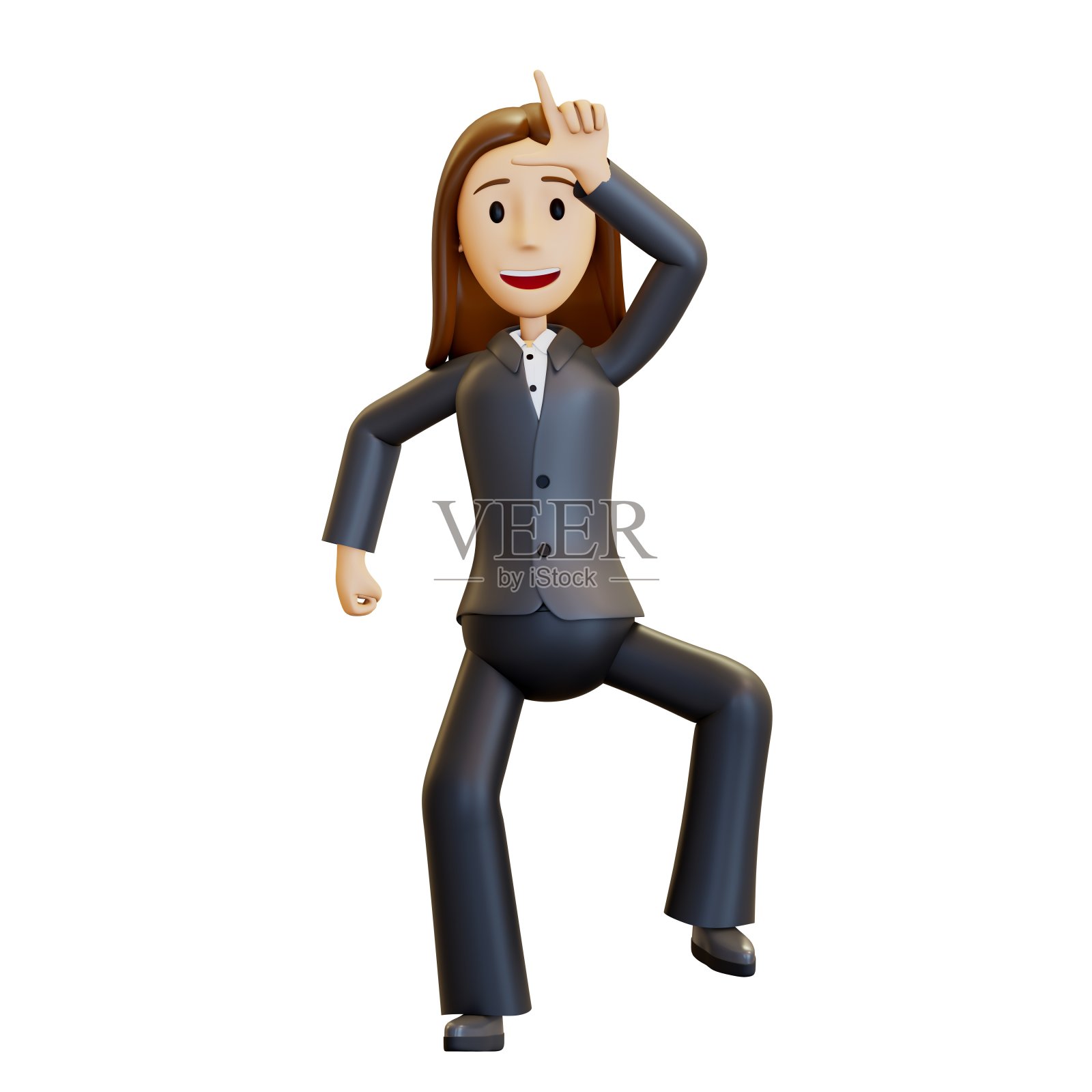 3 d的女人。一个愤怒的办公室职员高兴得跳起来大笑。照片摄影图片