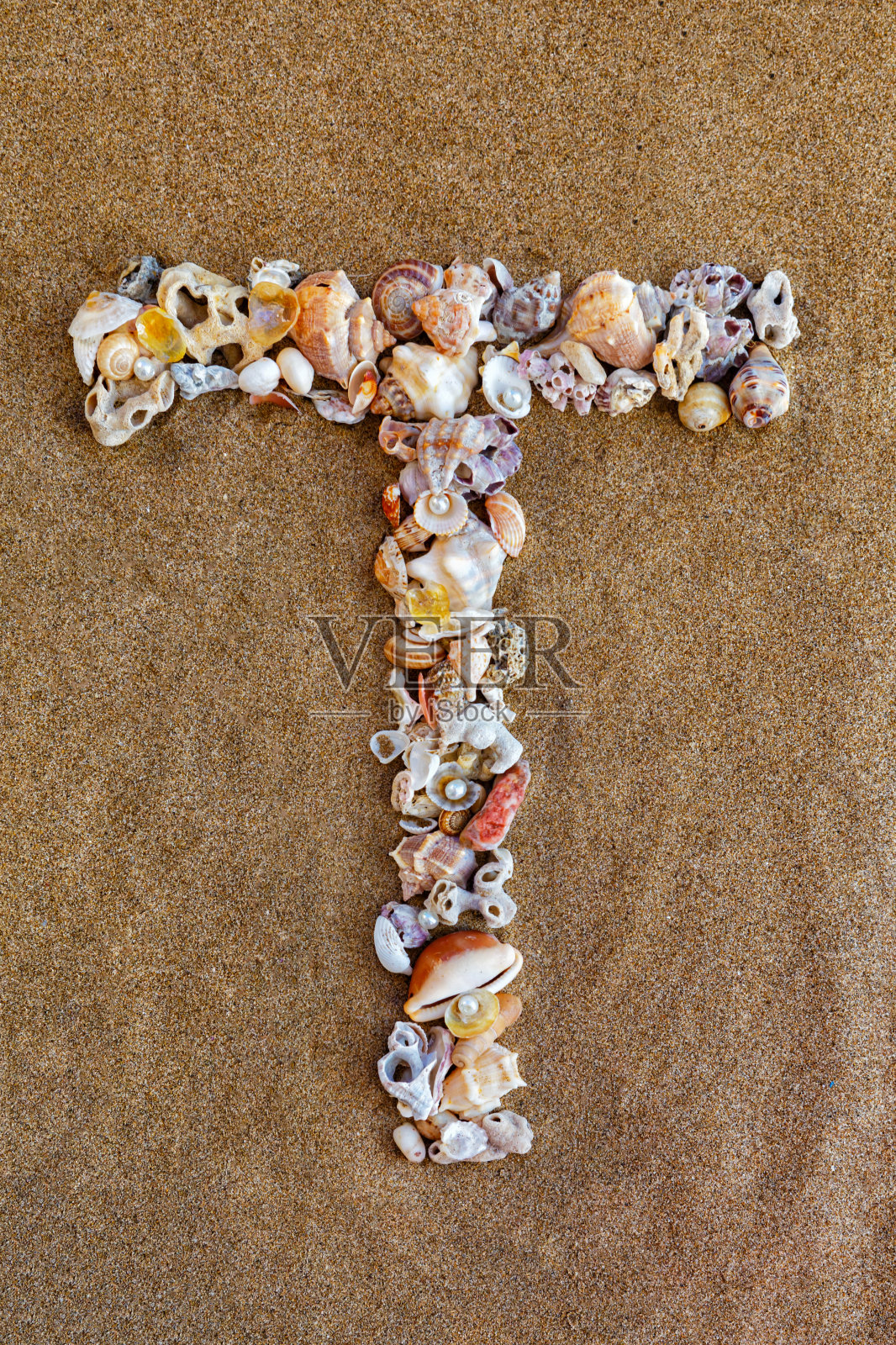 英文字母T，一个用贝壳在沙滩上拼成的字母。照片摄影图片