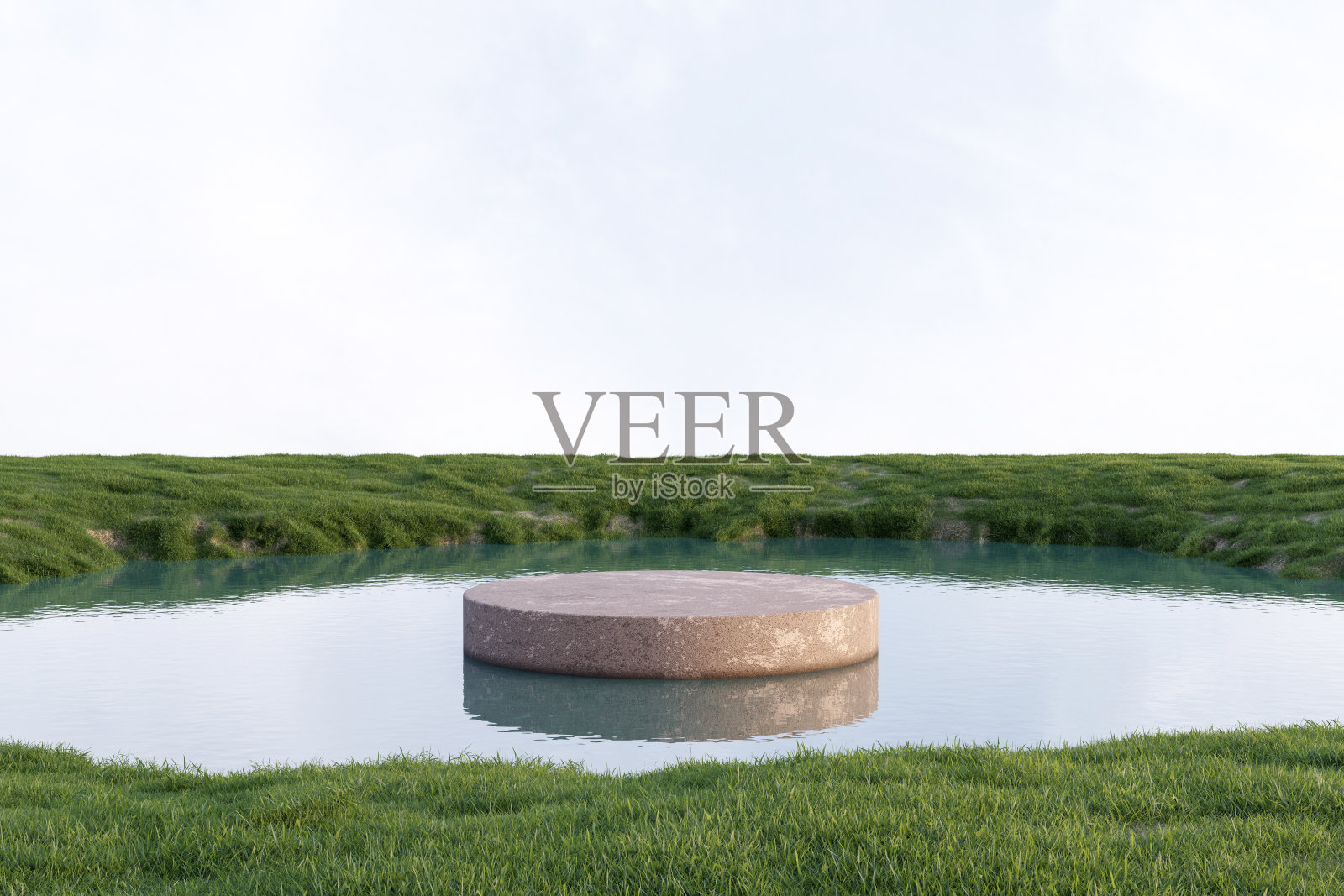 抽象的3d渲染平台和模拟的常绿自然背景，石头讲台上的池塘与草地和草地的产品展台展示，广告或等照片摄影图片