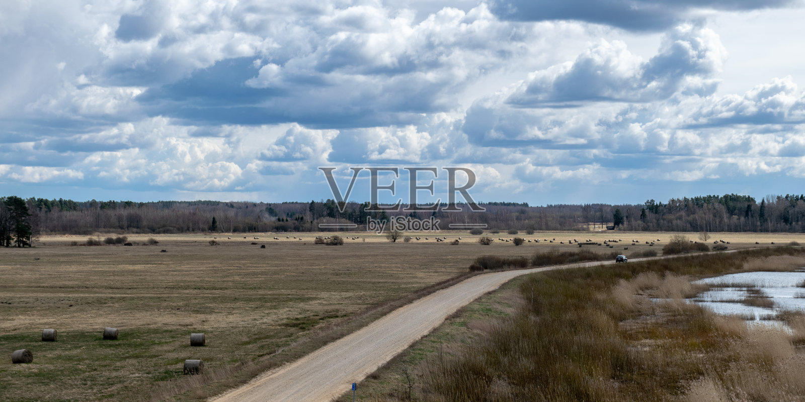 质朴的乡村景观配上乡间小路，美丽的积云照片摄影图片
