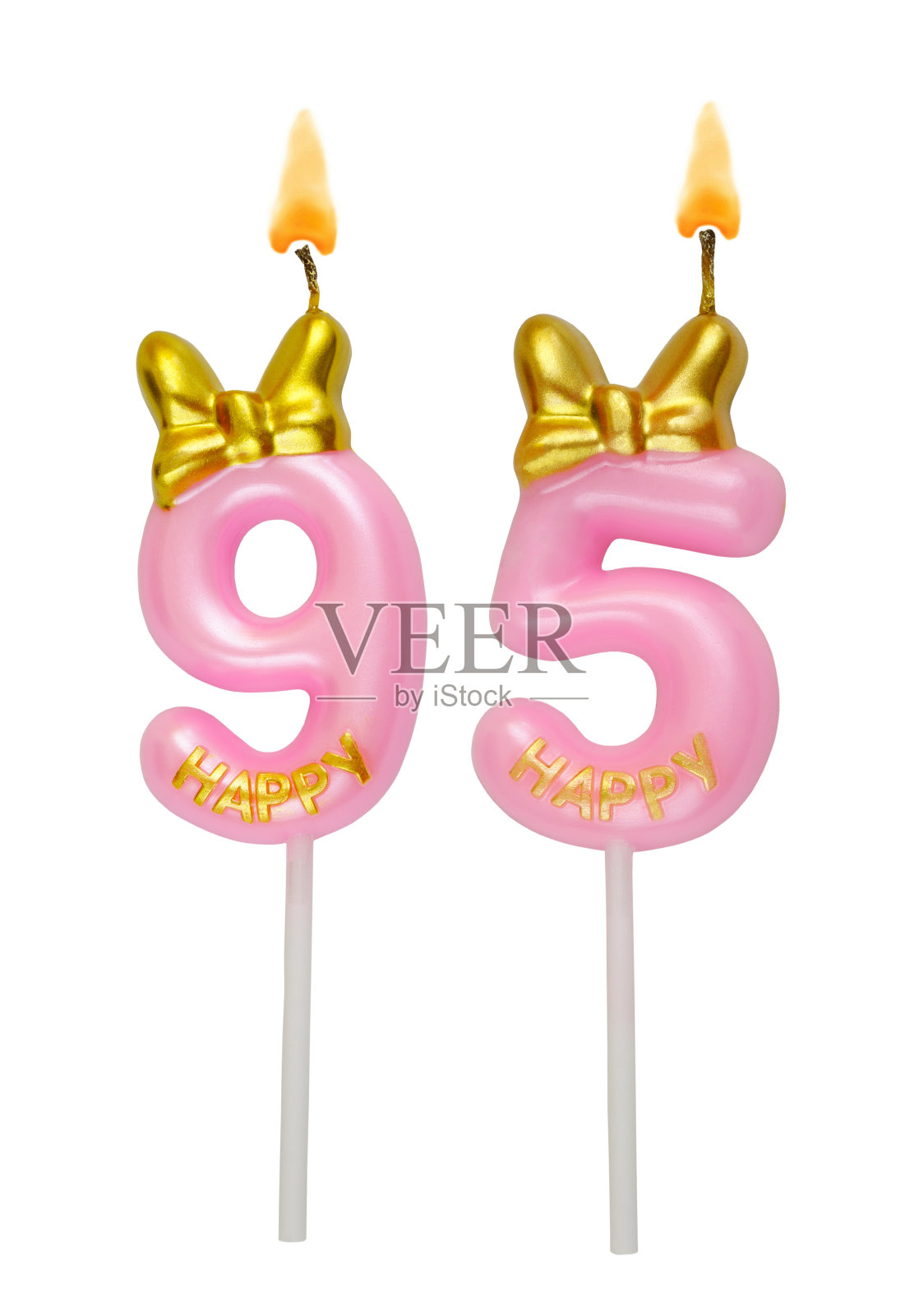 粉红色的生日蜡烛孤立在白色。95号。照片摄影图片