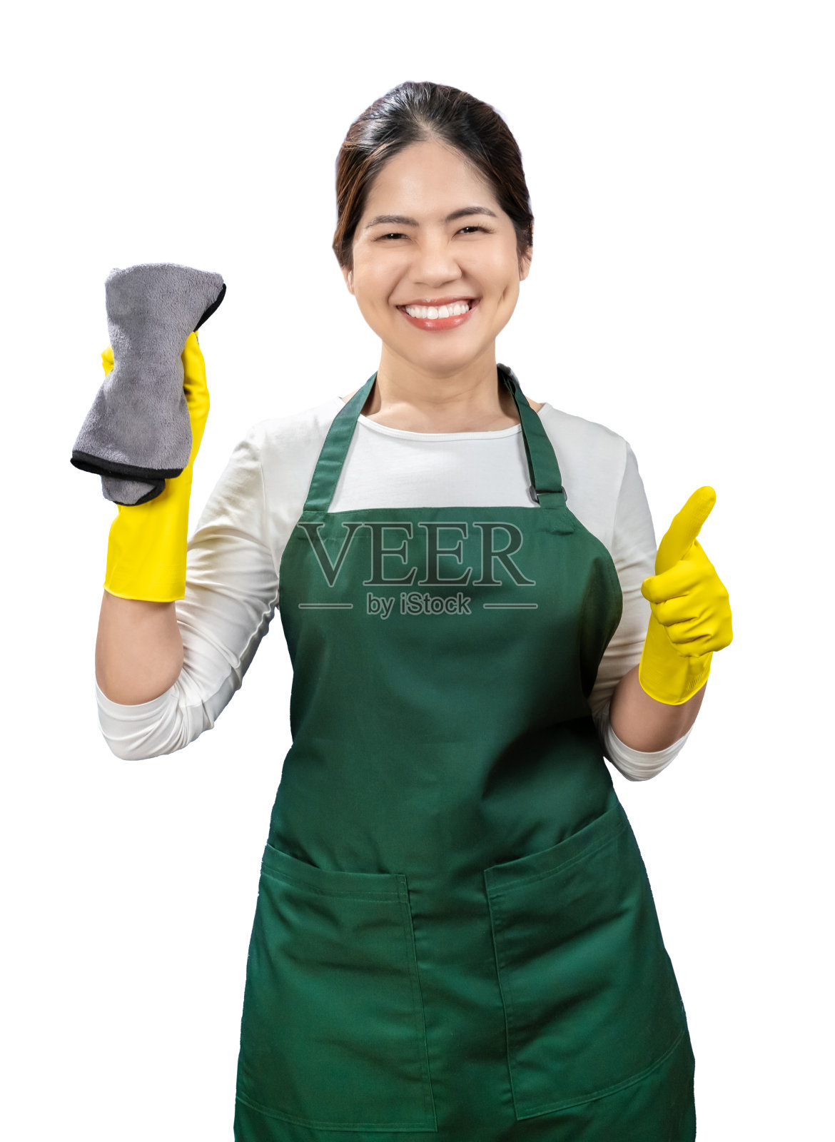 亚洲管家戴手套，围裙上隔离白色照片摄影图片