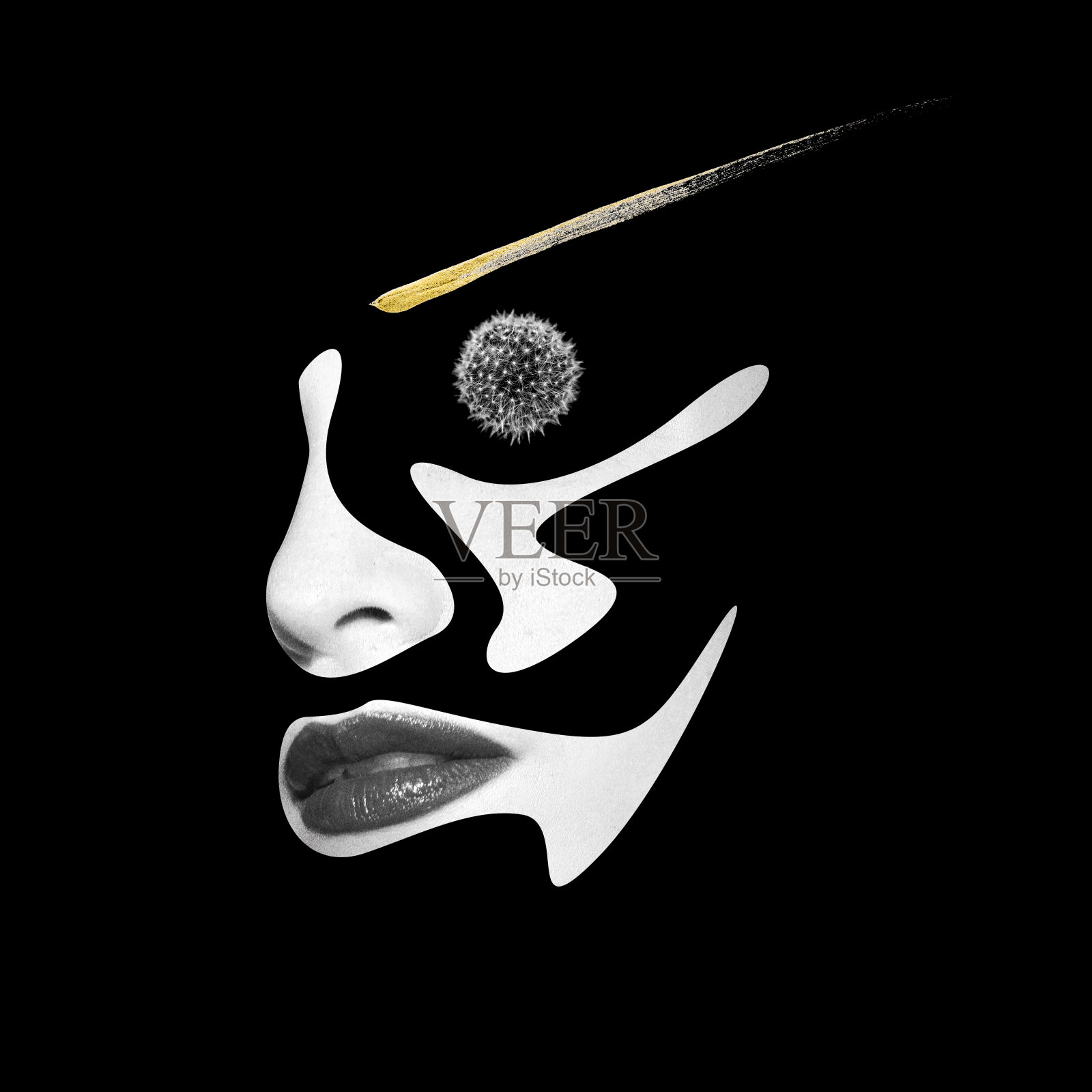 抽象和超现实的女人黑白肖像插图拼贴制成的波浪切割几何形状照片摄影图片