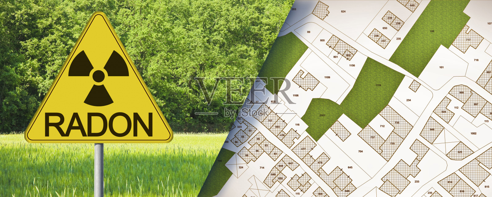 氡气的放射性污染的危险-概念与放射性警告符号的道路标志与假想地籍图和总体城市规划照片摄影图片