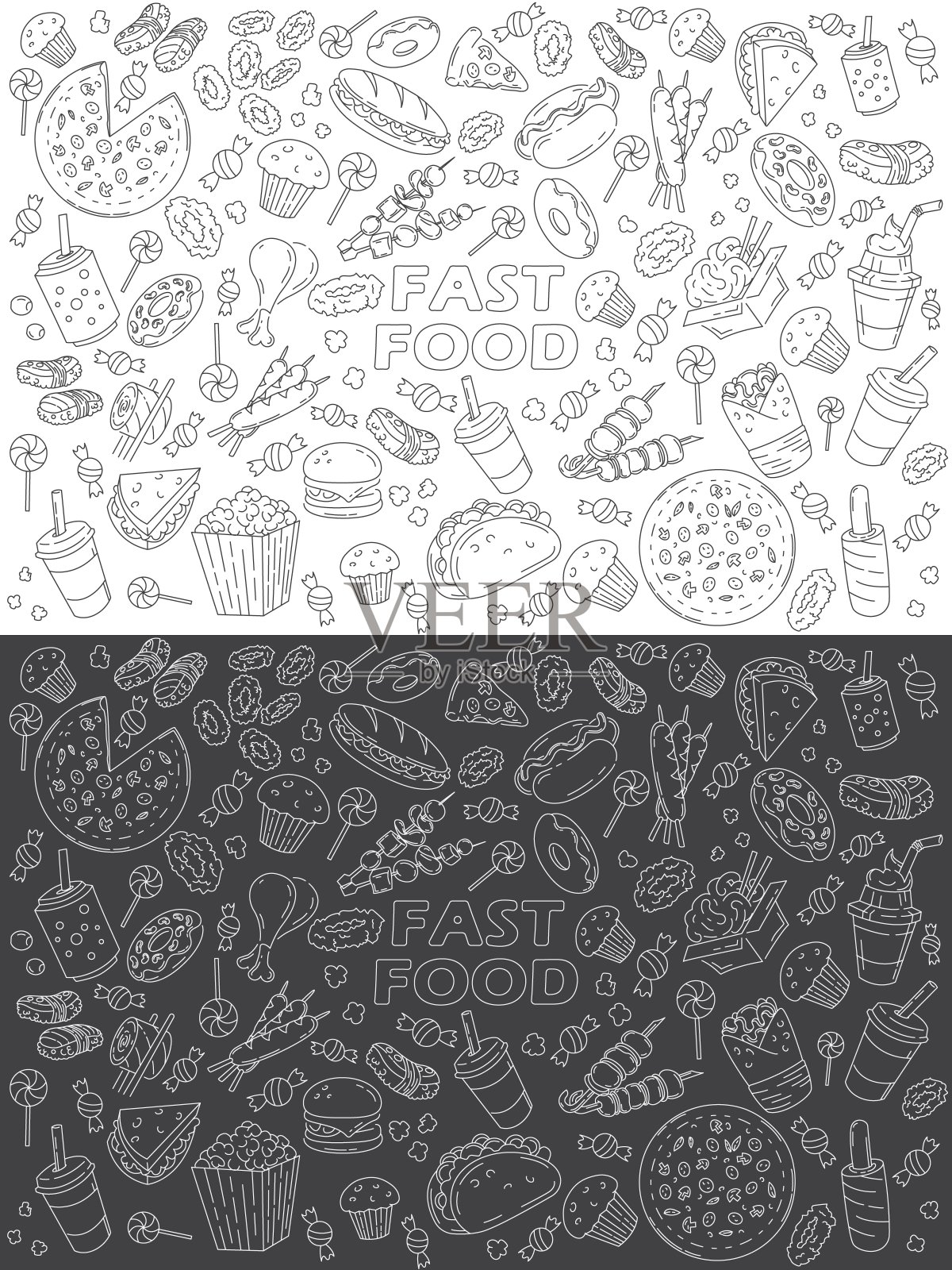 一套快餐线图标涂鸦在白色和黑色。菜单或食品包装设计。矢量插图。可编辑strocke插画图片素材