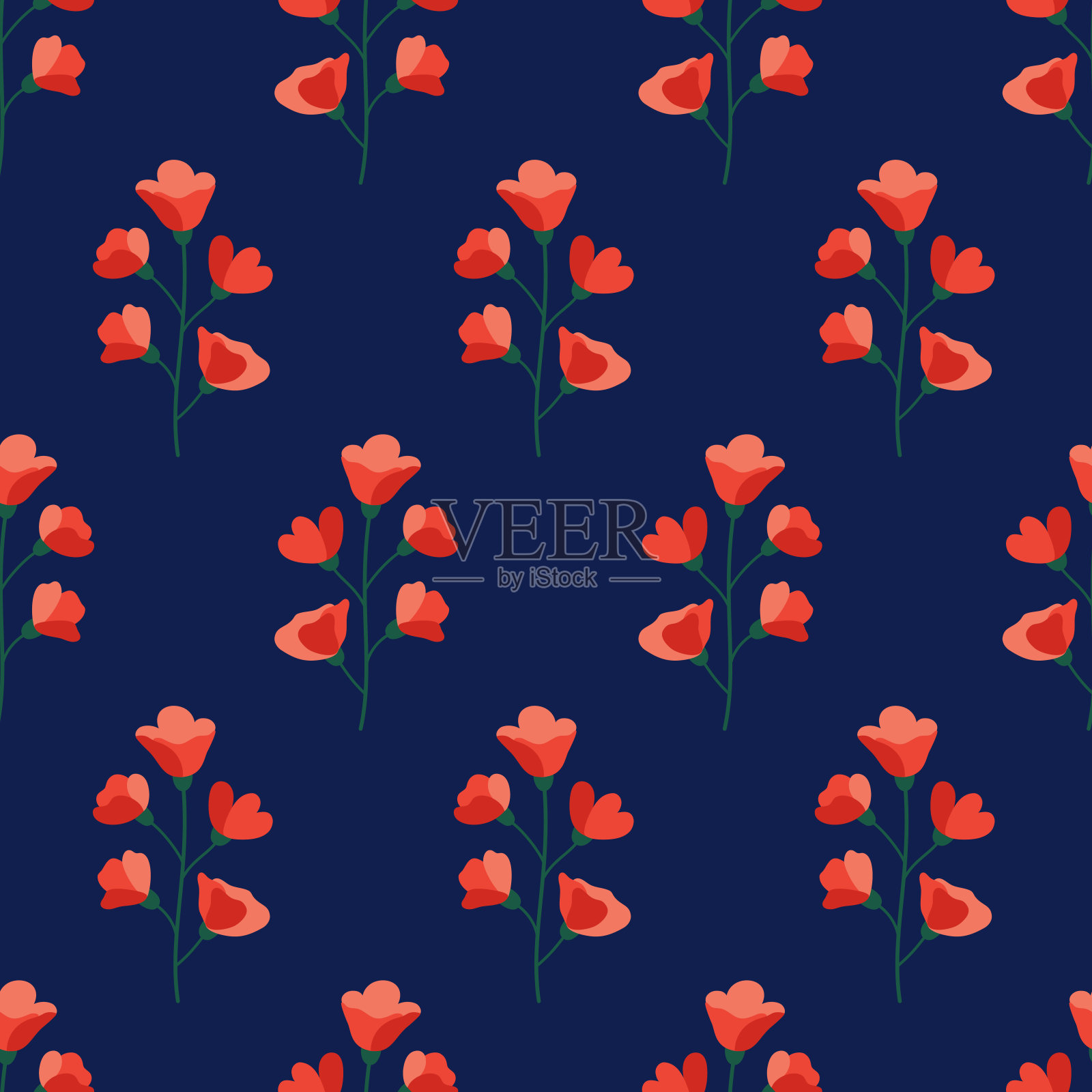 枝头有红花，花纹无缝。花的花序在深蓝色的背景。草地植物纹，野花。矢量图插画图片素材