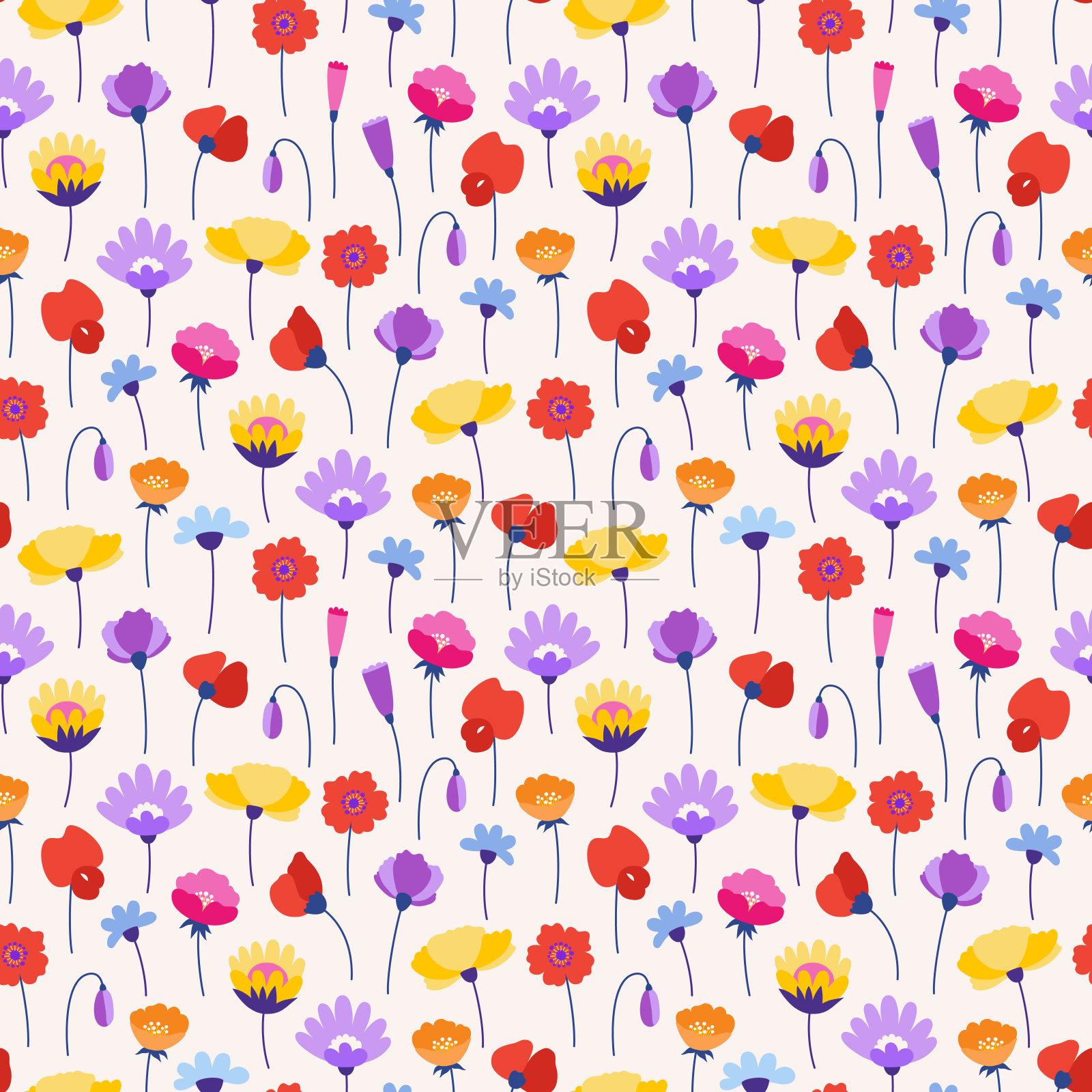 野花在米色背景上无缝图案。春天草地上五颜六色的花草。花夏天矢量插图。植物背景，现代风格设计插画图片素材