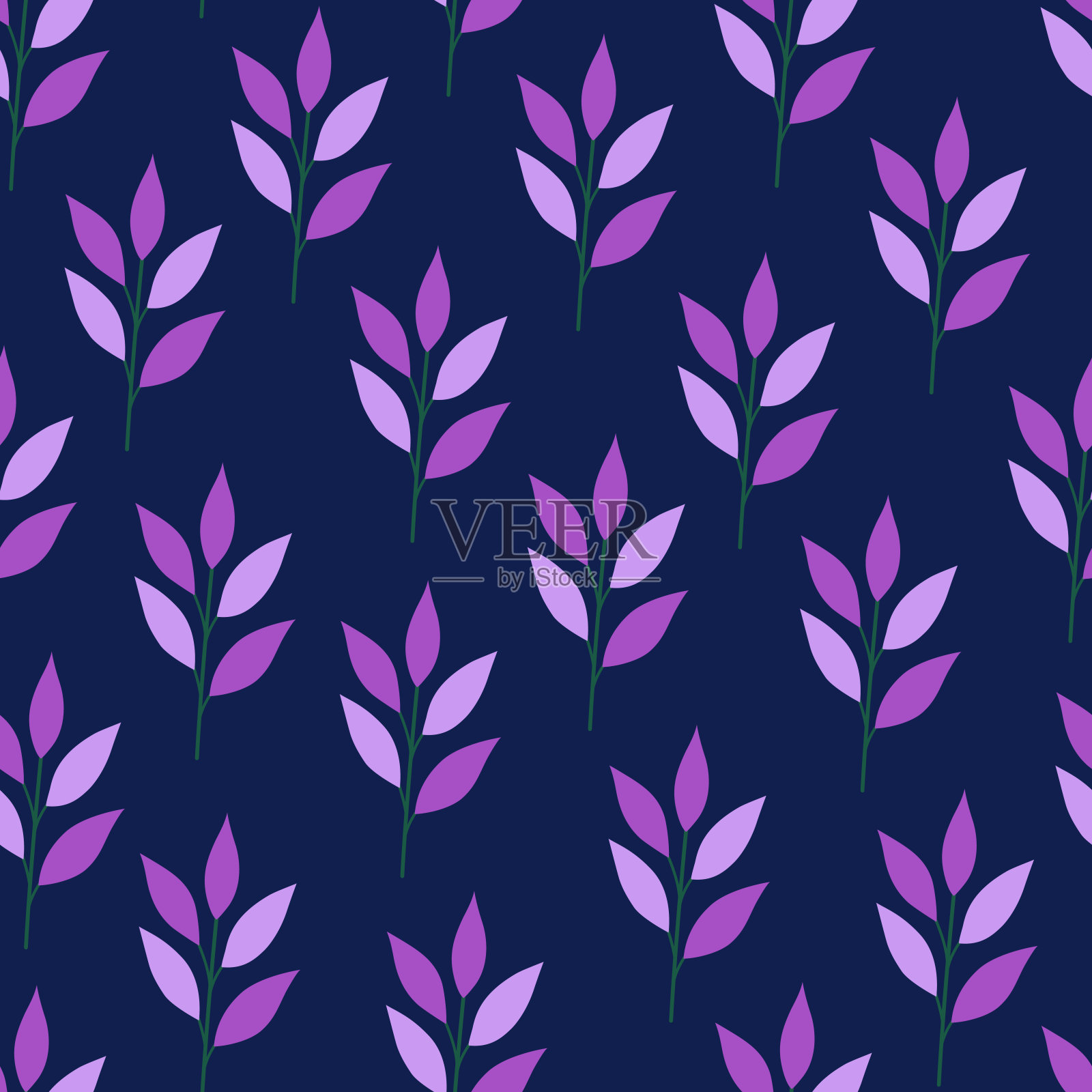 树枝上有紫罗兰色的叶子，在深蓝色的背景上有无缝的图案。草地和田野植物。花夏天矢量插图。春季植物印花，现代风格设计插画图片素材