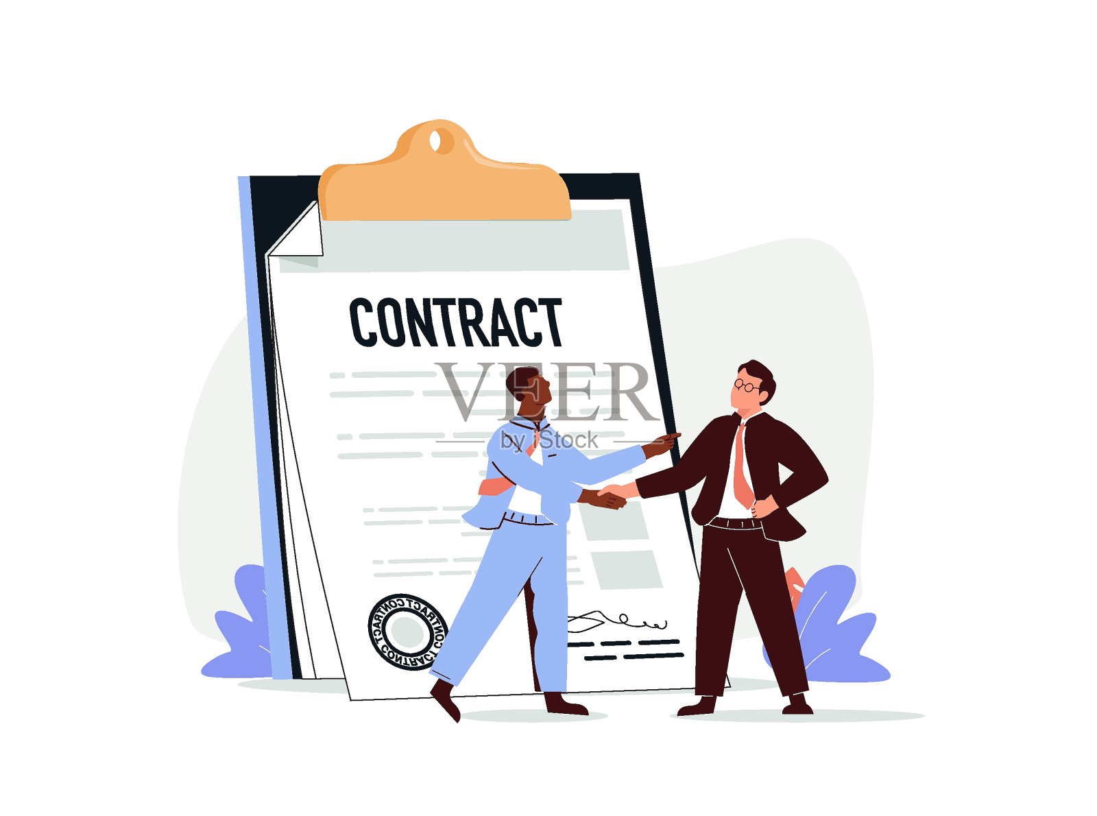 承包商协议抽象概念矢量插图。合作伙伴签订合作合同，交易成功插画图片素材