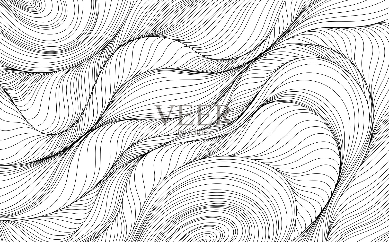 手绘抽象插图与波浪黑色曲线。隔离烟雾在白色背景的壁纸或背景。插画图片素材