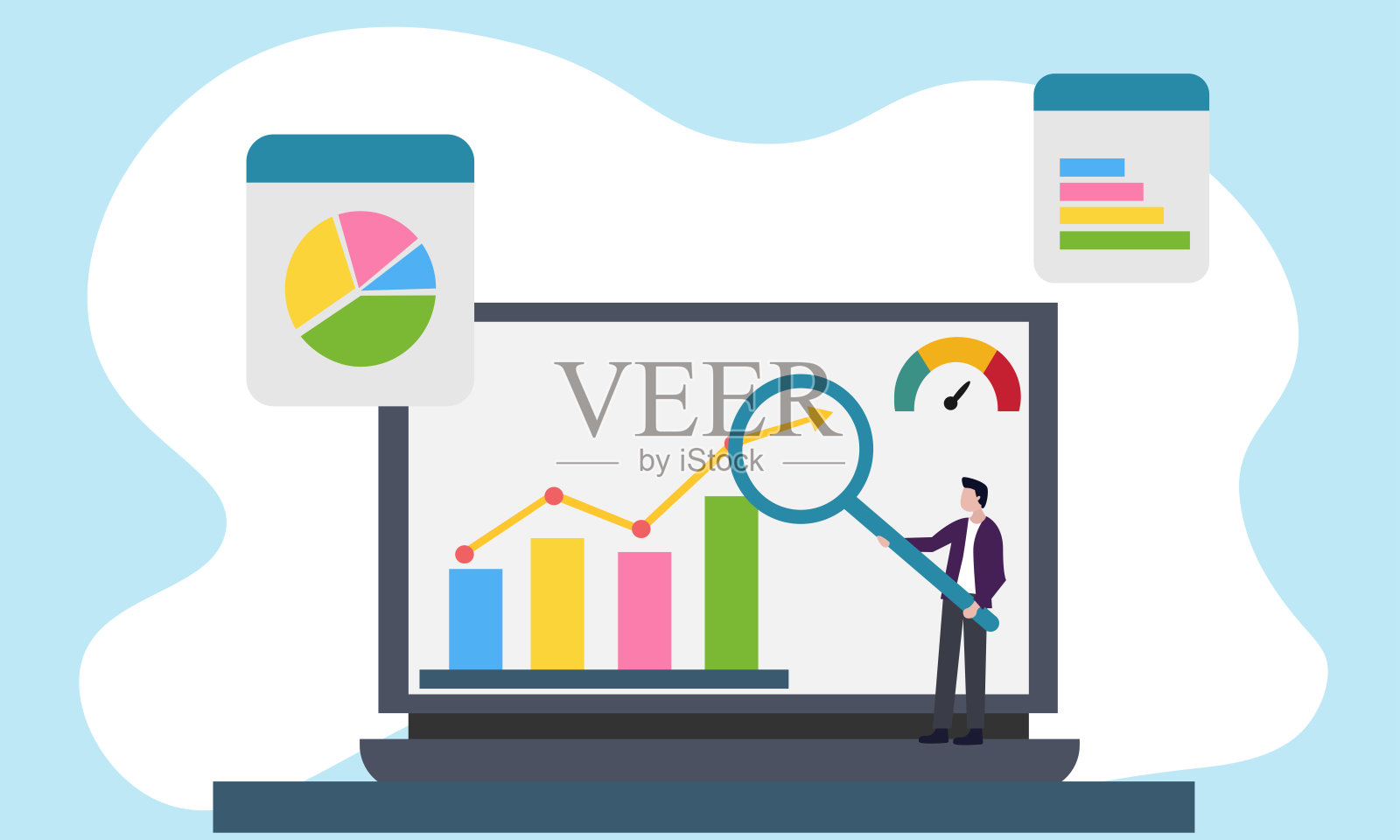 人们在线分析数据，并在电脑仪表板上准备图表报告。插画图片素材