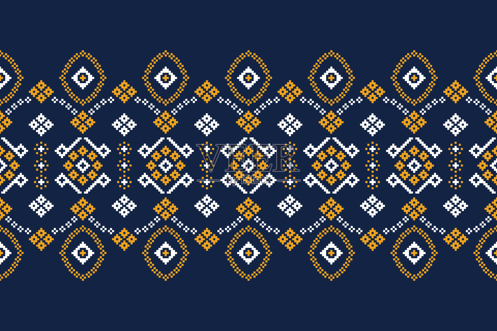 传统的民族图案是几何织物图案十字绣。伊卡特刺绣民族东方像素海军蓝背景。抽象,向量,插图。质地,装饰,墙纸。插画图片素材