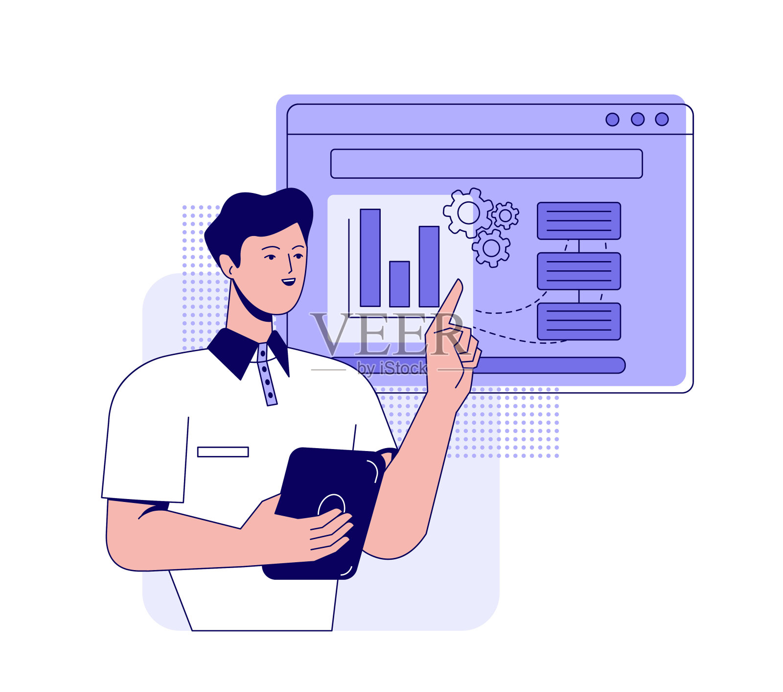 业务活动场景。男企业家用图表展示财务报告。公司成长和发展战略。平面矢量插图隔离在白色插画图片素材