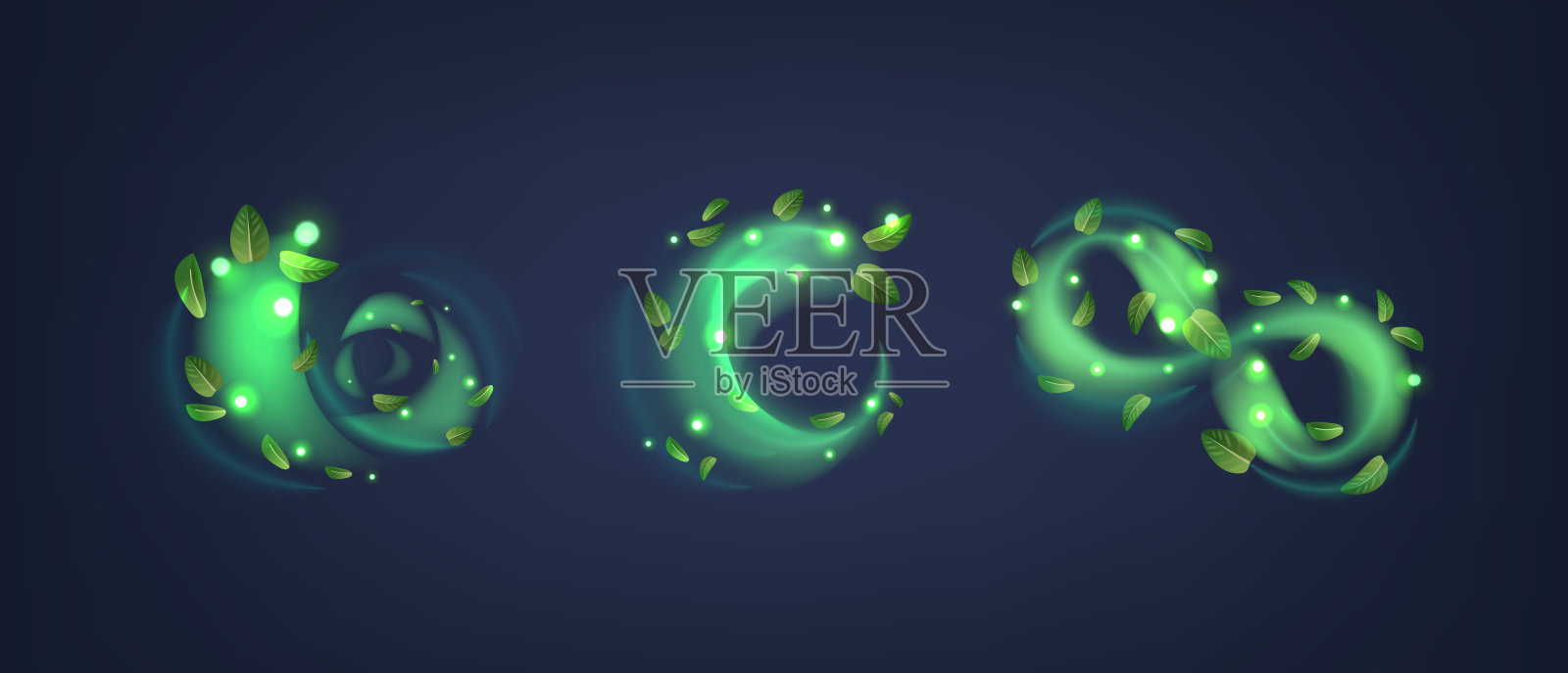 神奇的绿色漩涡与发光的薄荷叶，唤起魅力，幻想，新鲜和自然的感觉插画图片素材