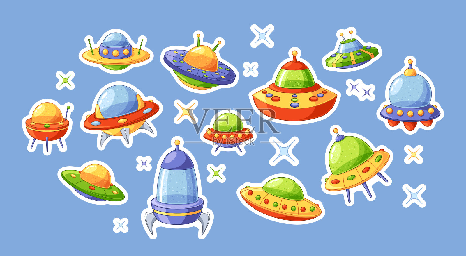 蓝色背景上的卡通矢量飞碟贴纸的充满活力的集合。异想天开的Ufo补丁，俏皮有趣的装饰插画图片素材