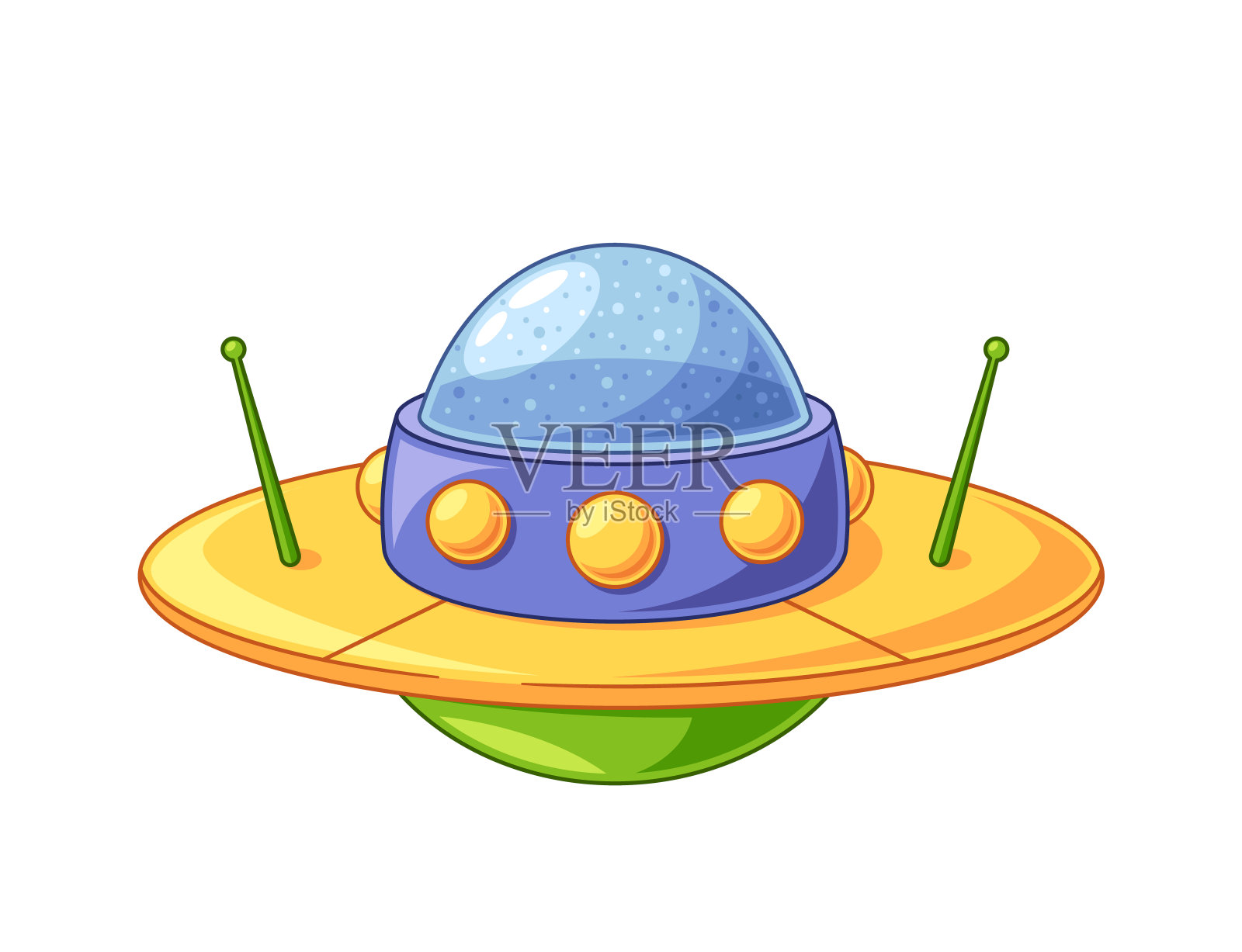 充满活力的飞碟，孤立的异想天开的外星飞船，明亮的颜色，天线，完美的科幻小说插画图片素材