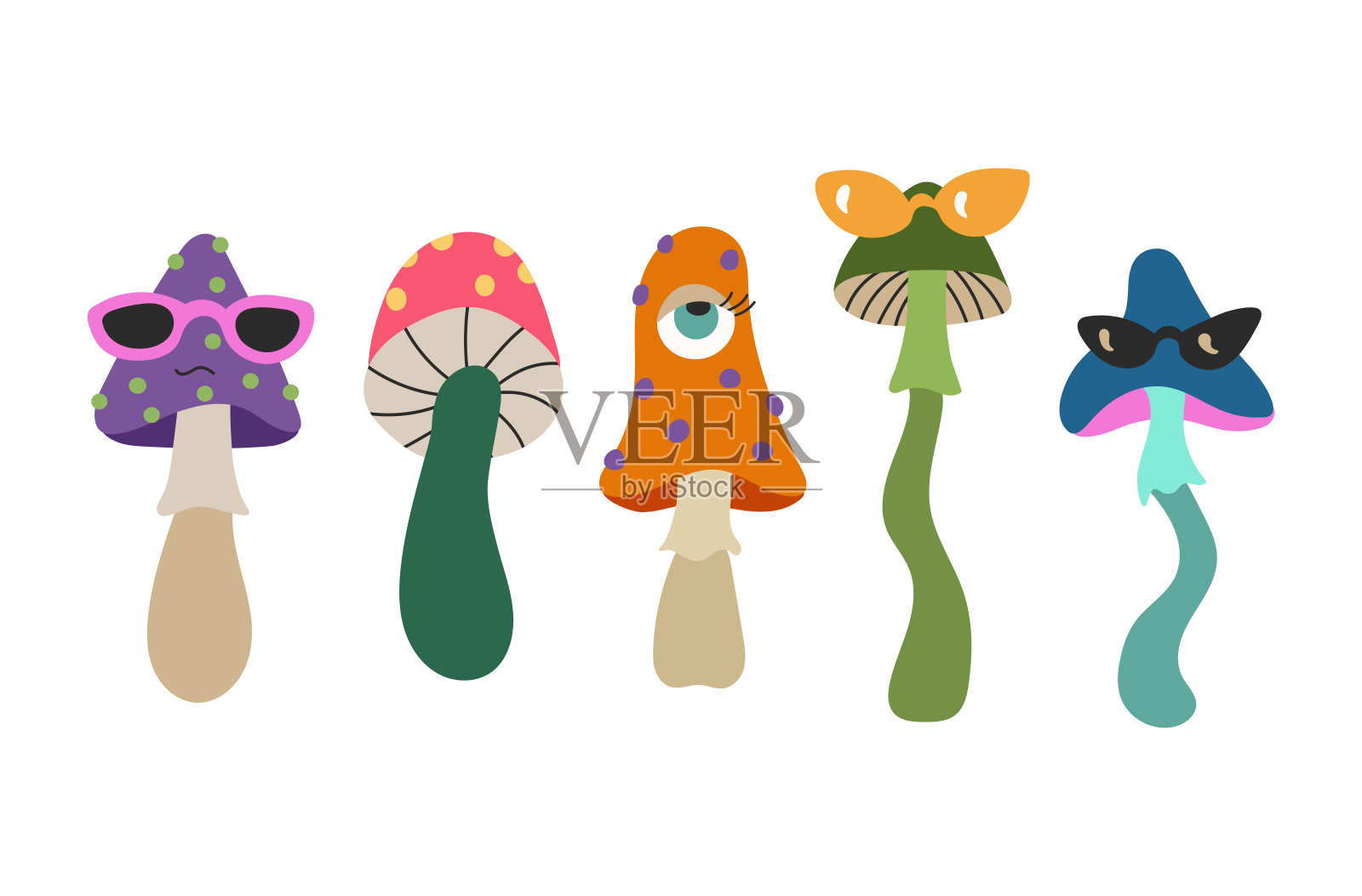 一套时髦的嬉皮士迷幻蘑菇真菌在六七十年代的风格。充满活力的时髦和时髦的真菌。复古系列。插画图片素材