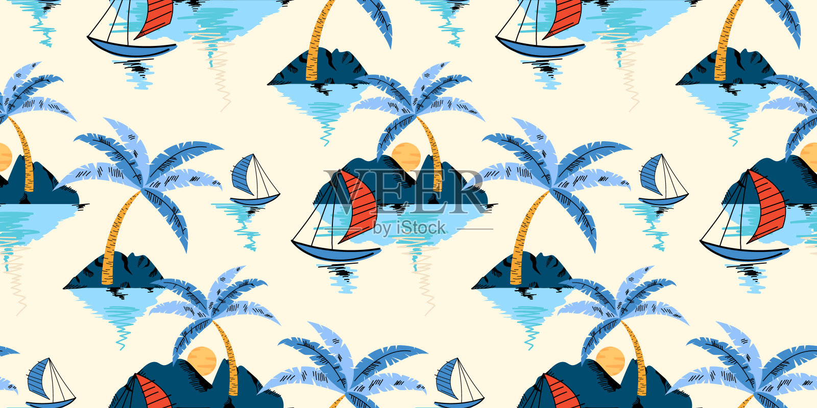 热带海岛夏季无缝花纹。度假背景设计，以景观、棕榈树、山、海为背景插画图片素材