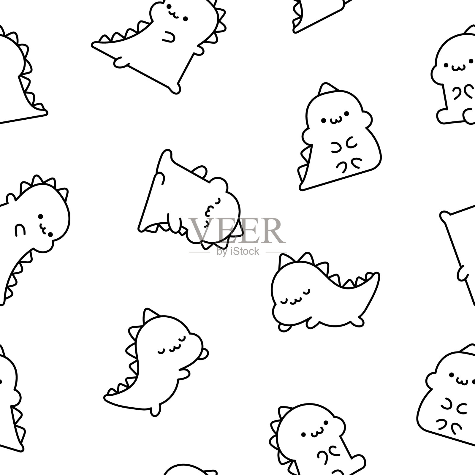可爱的卡哇伊小龙。无缝模式。着色页面。有趣的小恐龙卡通人物。手绘风格。矢量图。设计的饰品。插画图片素材