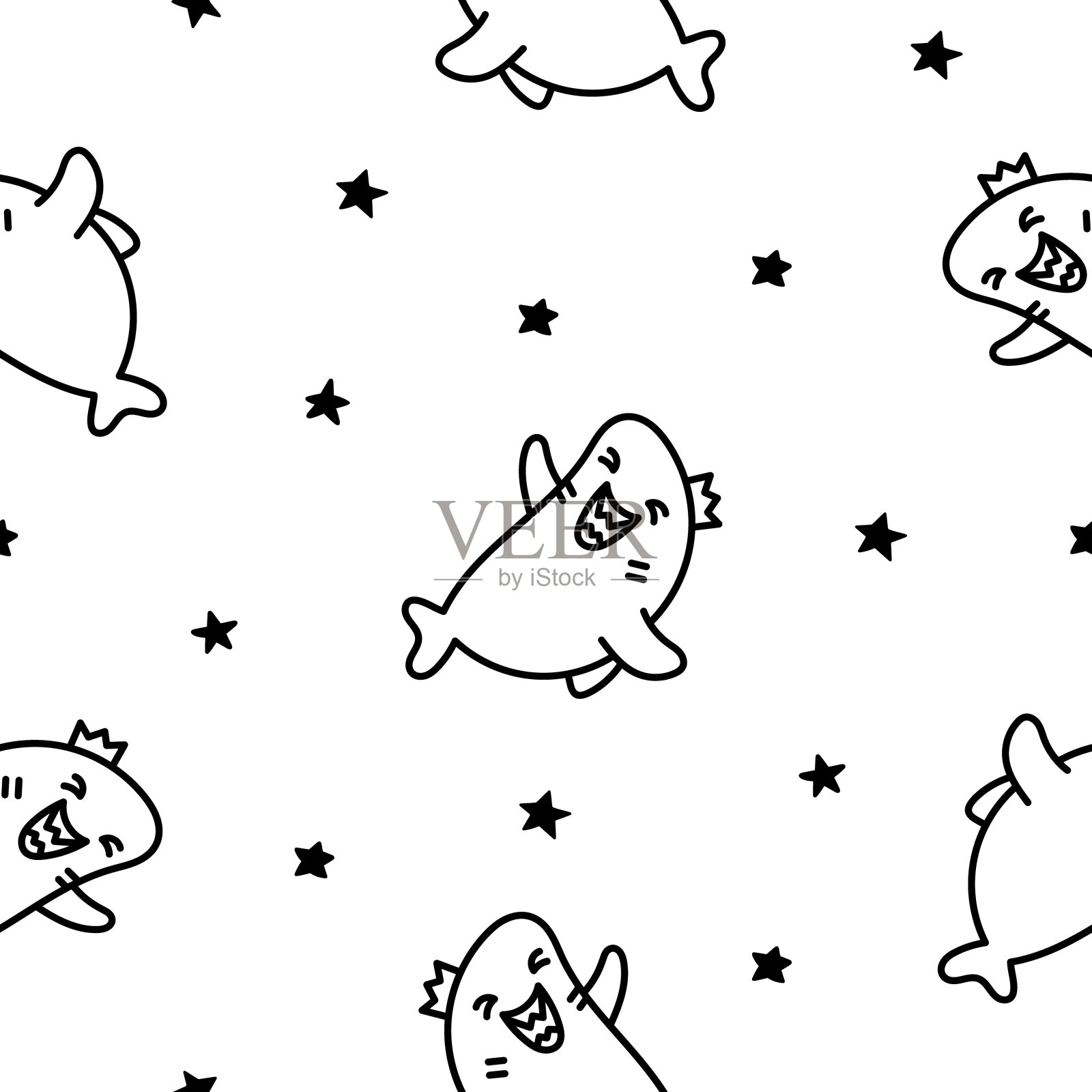 有趣的卡哇伊海洋鲨鱼。无缝模式。着色页面。微笑的下巴和滑稽的海洋动物角色。手绘风格。矢量图。设计的饰品。插画图片素材