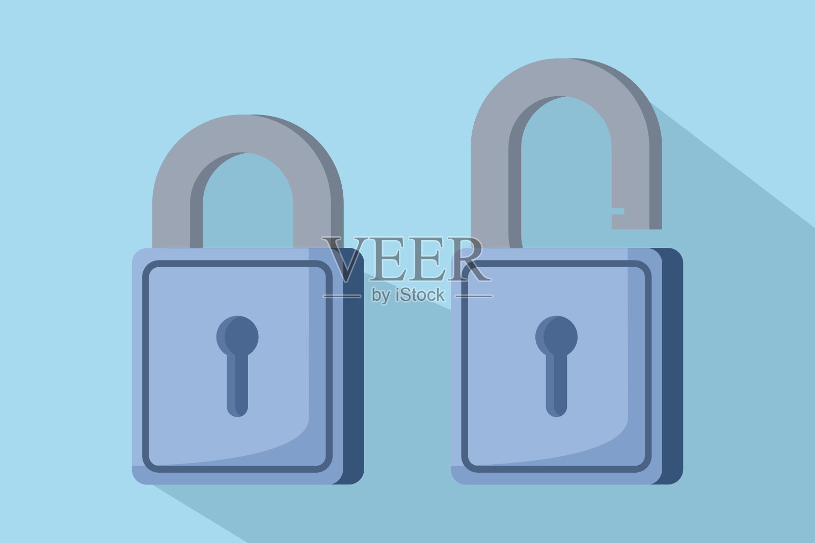 解锁和关闭锁定图标。安全，加密，保护，隐私，数据访问。锁是锁和解锁的。两把带锁眼的黄色挂锁，挂锁形状插图，平面卡通设计。插画图片素材