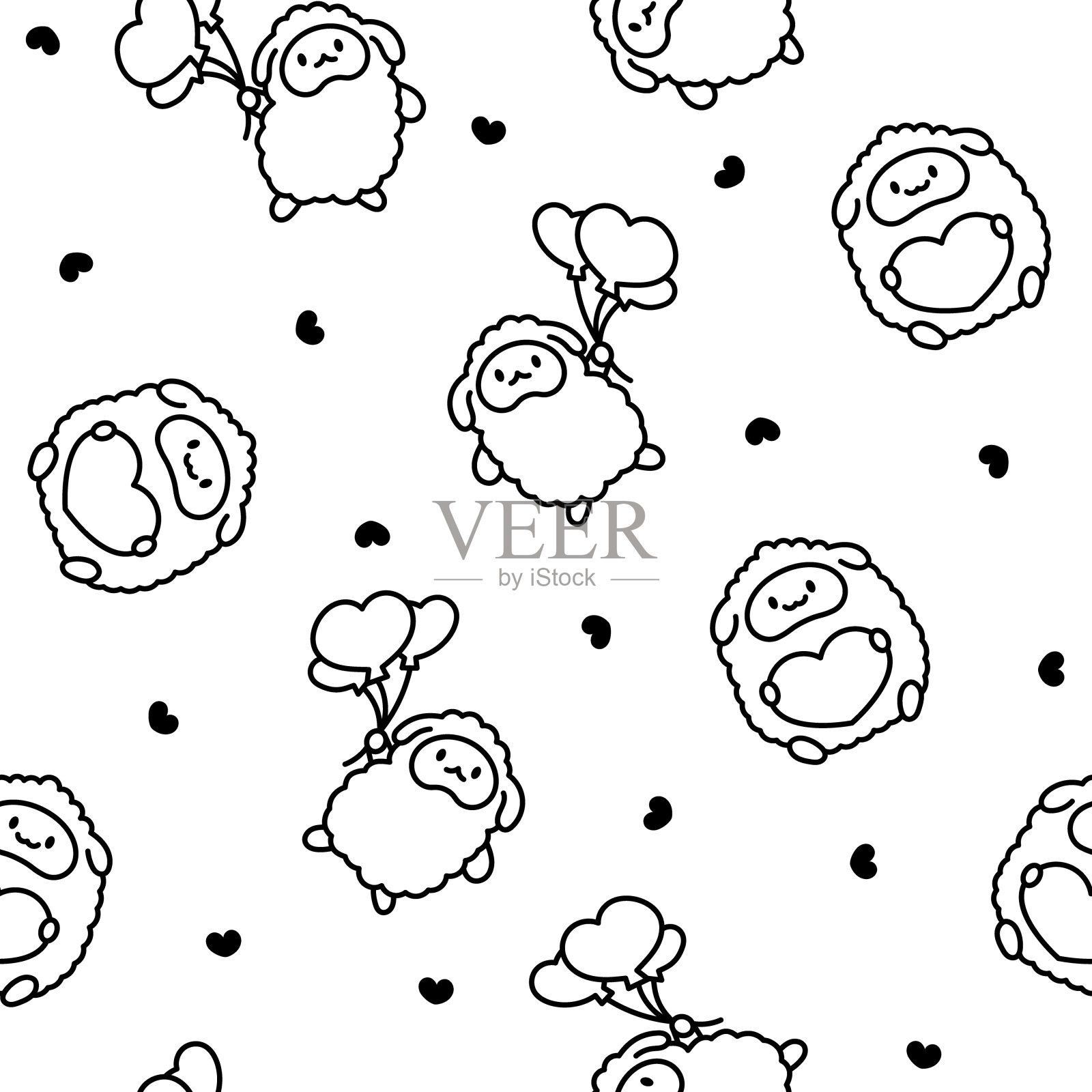 可爱的卡哇伊小绵羊。无缝模式。着色页面。微笑的可爱的动物角色。手绘风格。矢量图。设计的饰品。插画图片素材