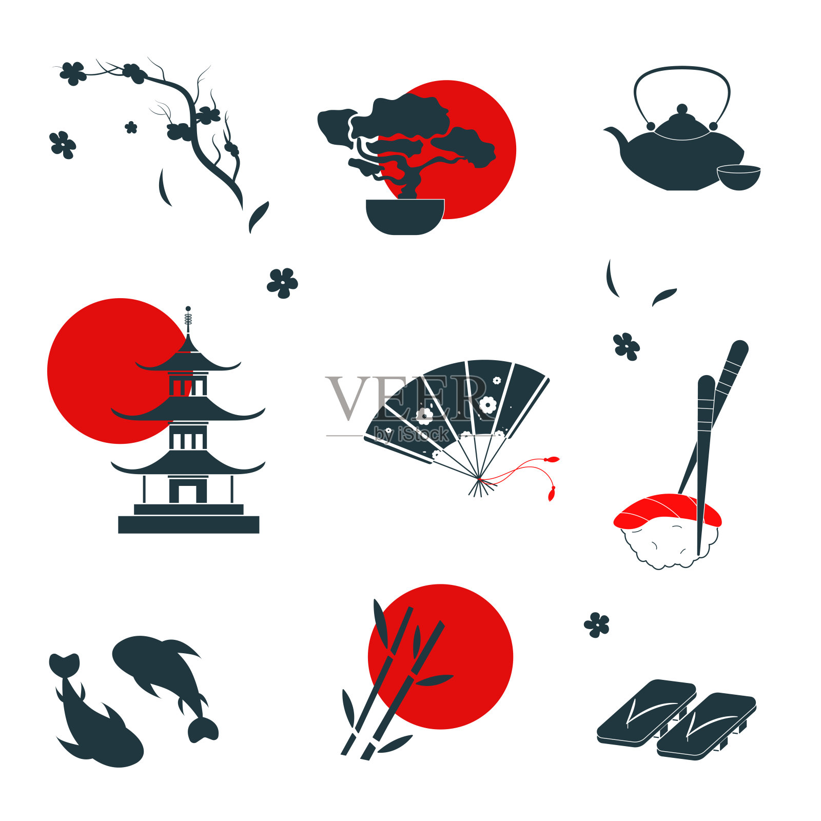 日本传统文化符号。日本著名的标志和地标插画图片素材