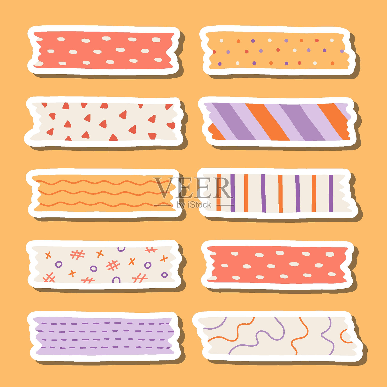 可爱的贴纸集washi磁带条纹与歪歪斜斜，几何形状和抽象图案的规划者，笔记本。准备打印带有粗糙边缘的卡通透明胶带的贴纸清单。插画图片素材