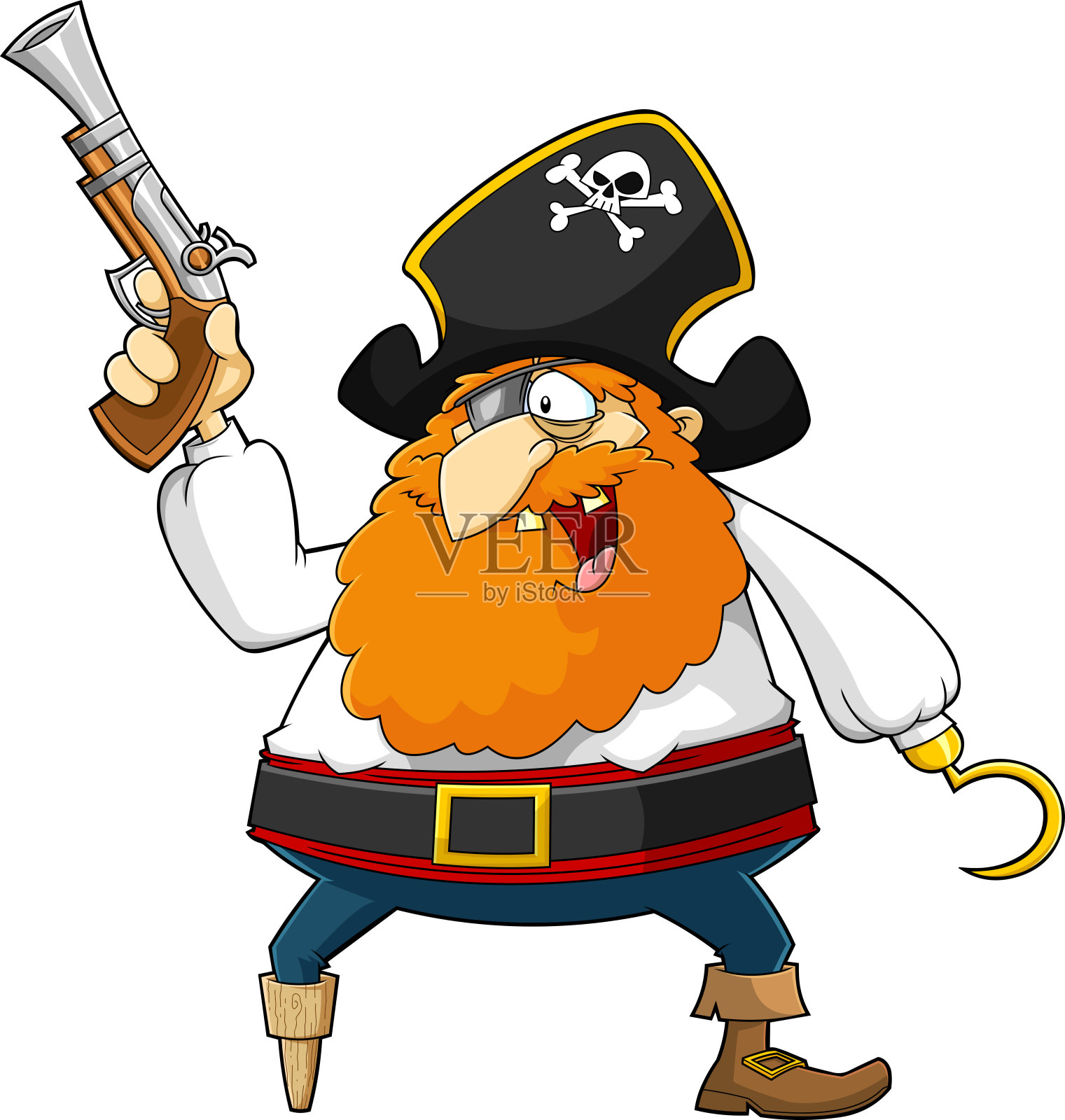 有趣的海盗卡通人物手枪和钩子插画图片素材