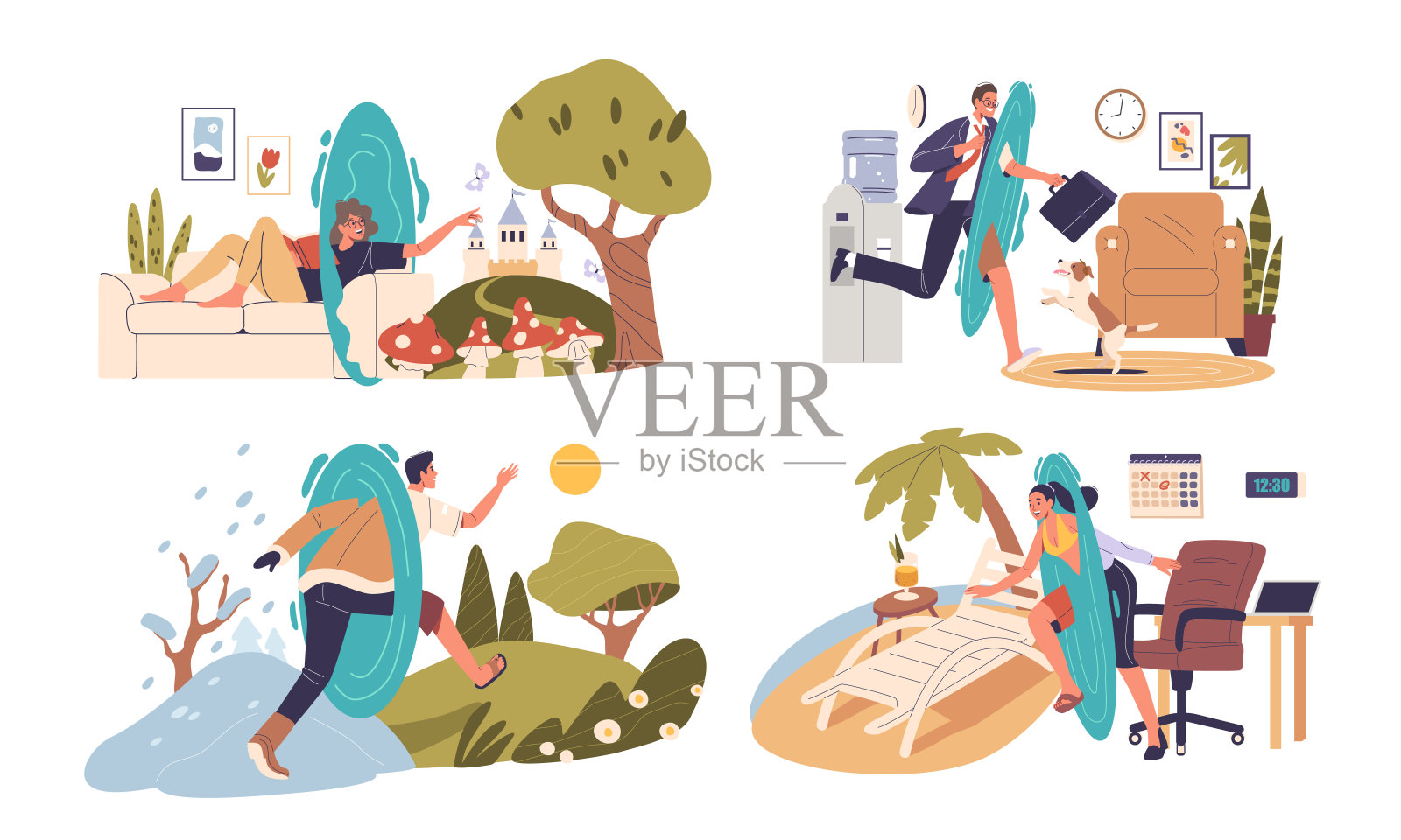 一组角色使用传送门传送到不同的地点，如办公室，海滩和即时旅行的概念插画图片素材