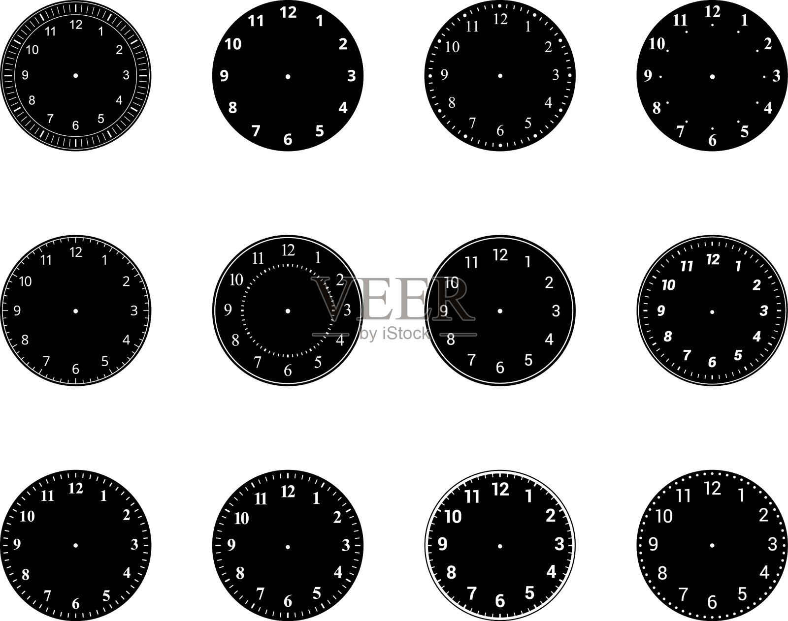 机械时钟面与阿拉伯数字，表圈。空白测量圆刻度。计时器或秒表。矢量图插画图片素材