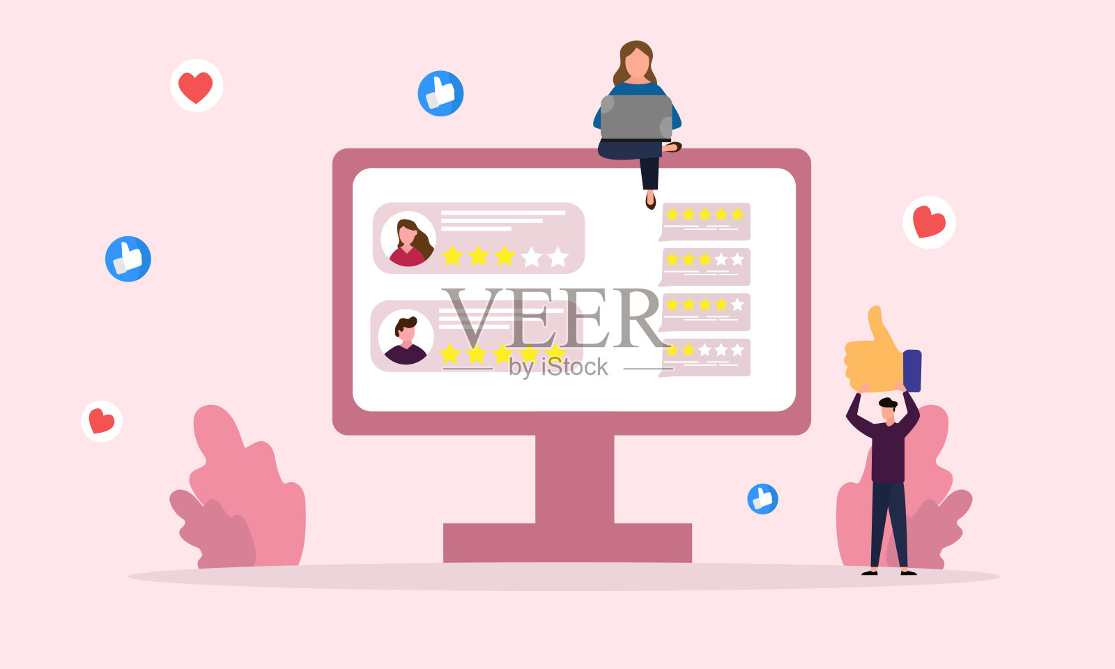 客户给出有价值的反馈和评论，在电脑网站上评价星级。插画图片素材