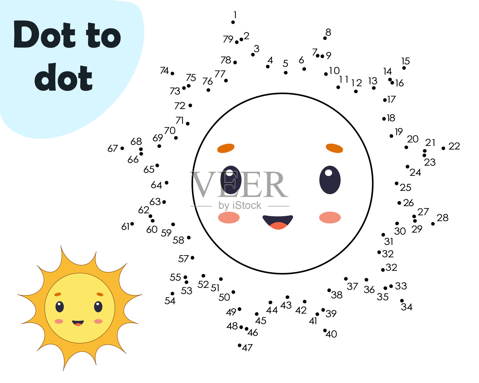 把点连起来，给这一页涂色。儿童游戏。白色背景上的太阳。点对点游戏。插画图片素材