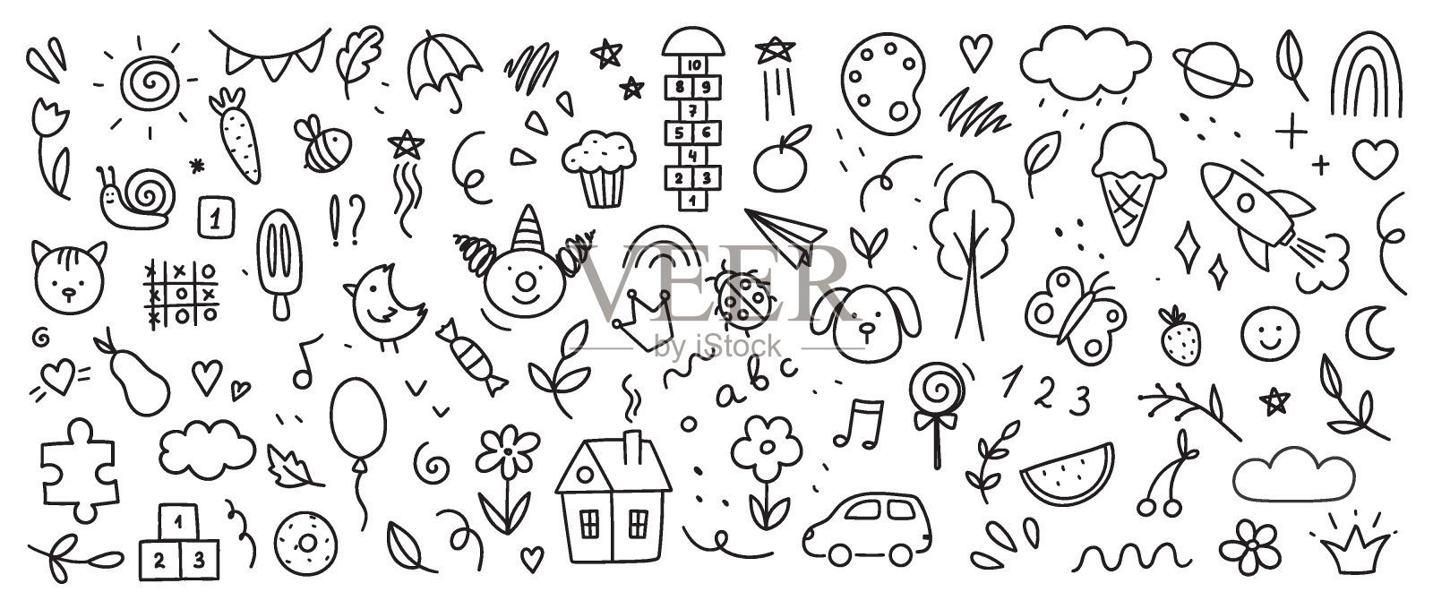 孩子们用涂鸦风格画的画。简单可爱的插图孤立在白色的背景。插画图片素材