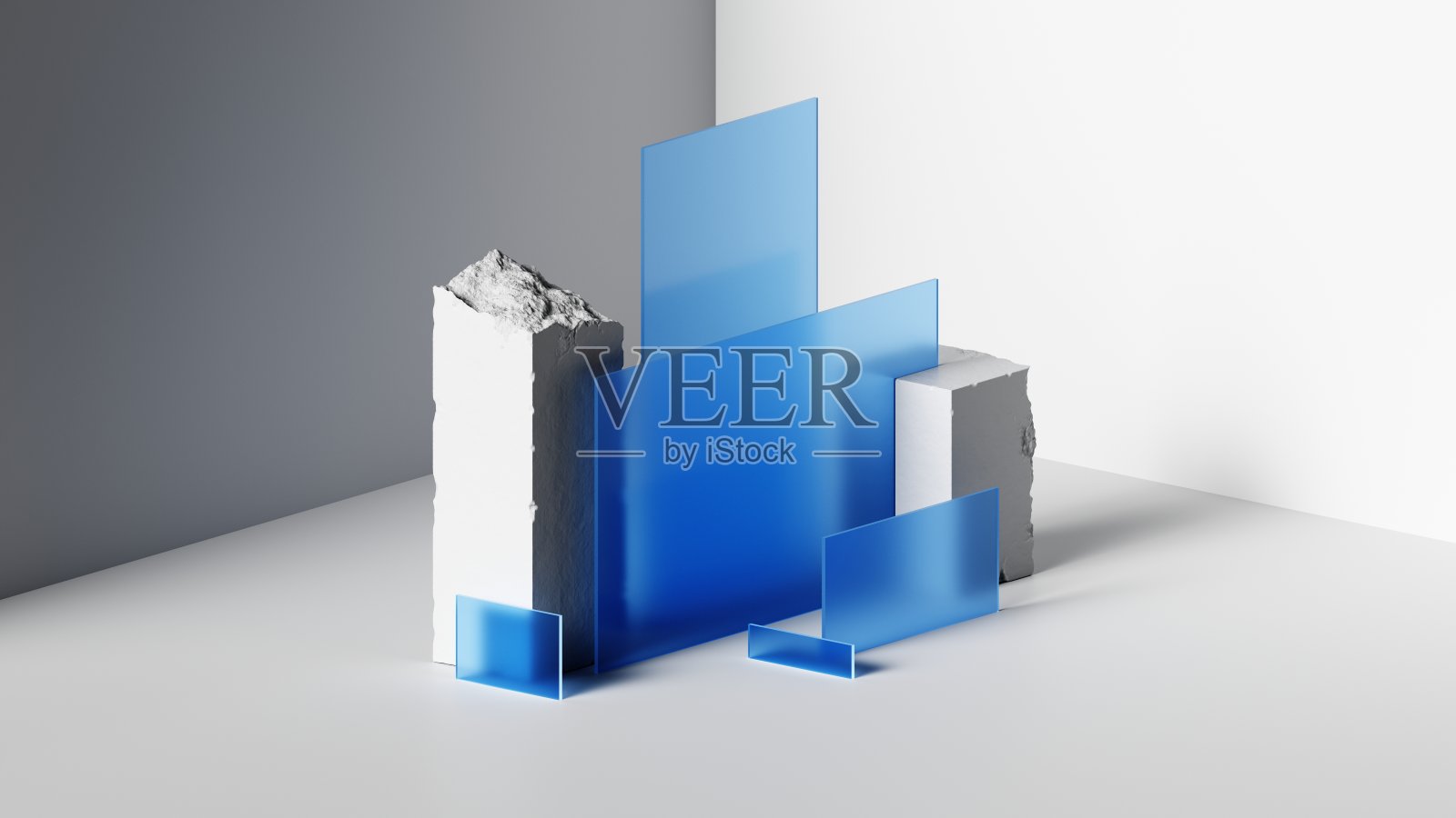 3 d渲染。抽象几何背景。粗糙的白色混凝土和石块与精致的蓝色玻璃板在极简主义潮流的场景中创新融合照片摄影图片