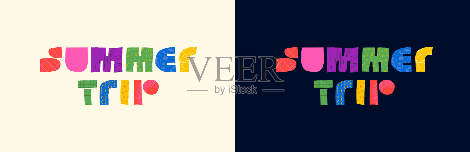 夏日旅行抽象装饰题词概念。现代彩色图形形状的旅程事件字母。夏季旅行派对季节时尚创意标志。旅游亮牌插画图片素材