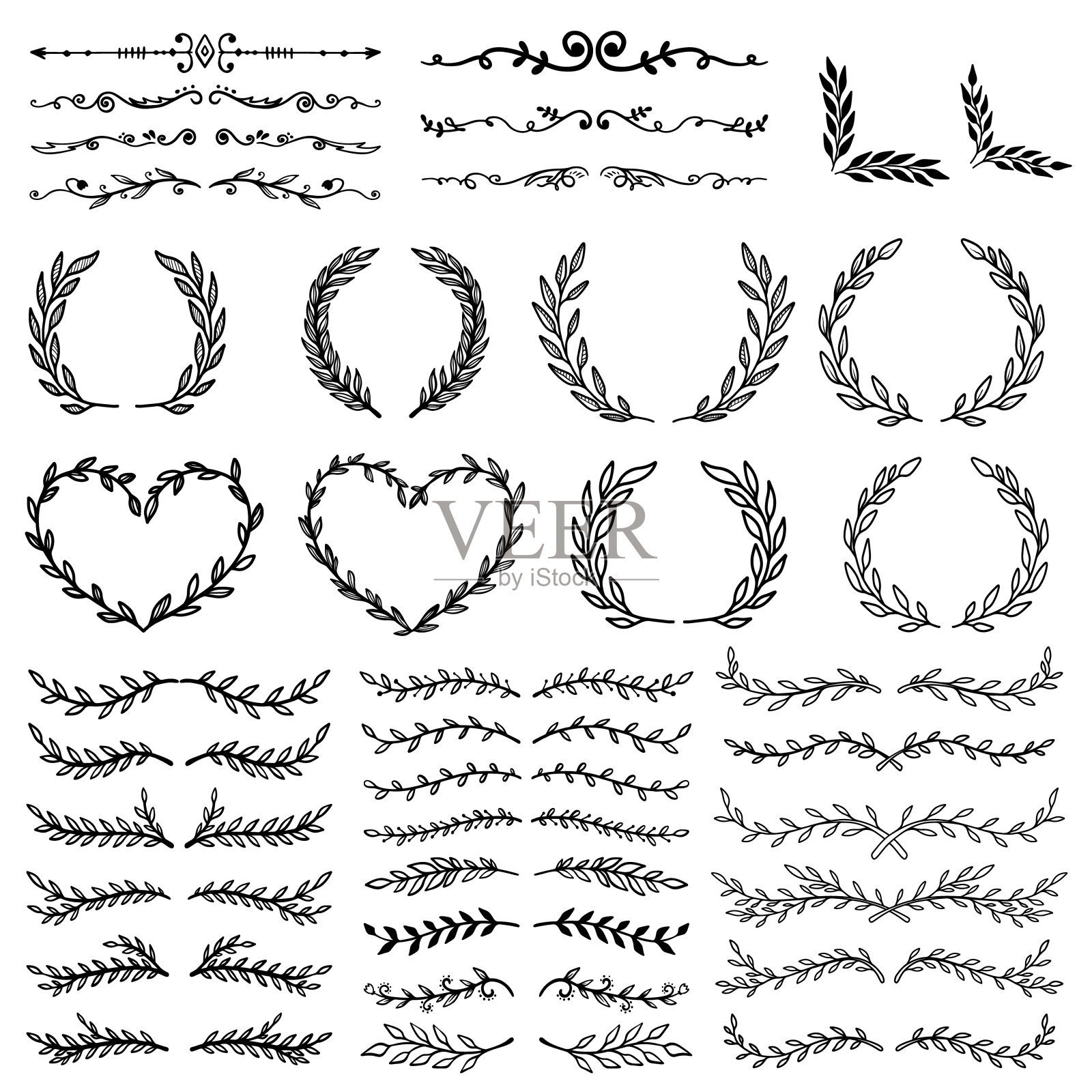 集手绘叶、枝、花，繁盛。设计元素的横幅，标志，海报，装饰。矢量图插画图片素材