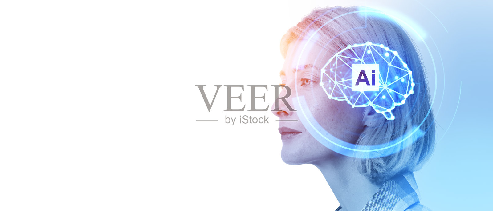 女人和人工智能大脑全息图连接线，机器学习。本空间照片摄影图片