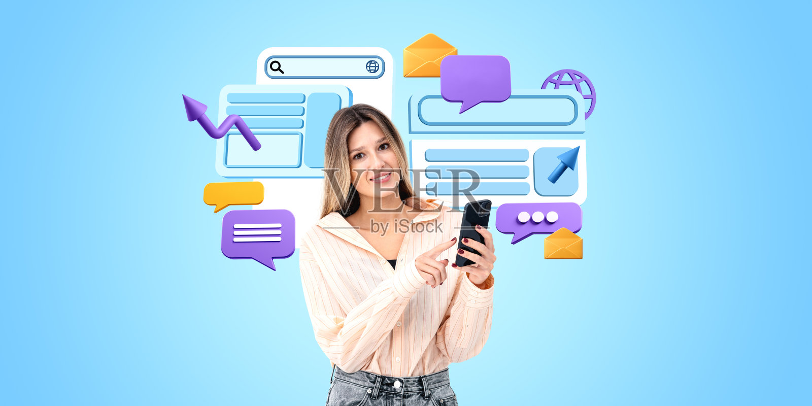 年轻女子手指触摸智能手机，网页浏览器窗口和连接照片摄影图片