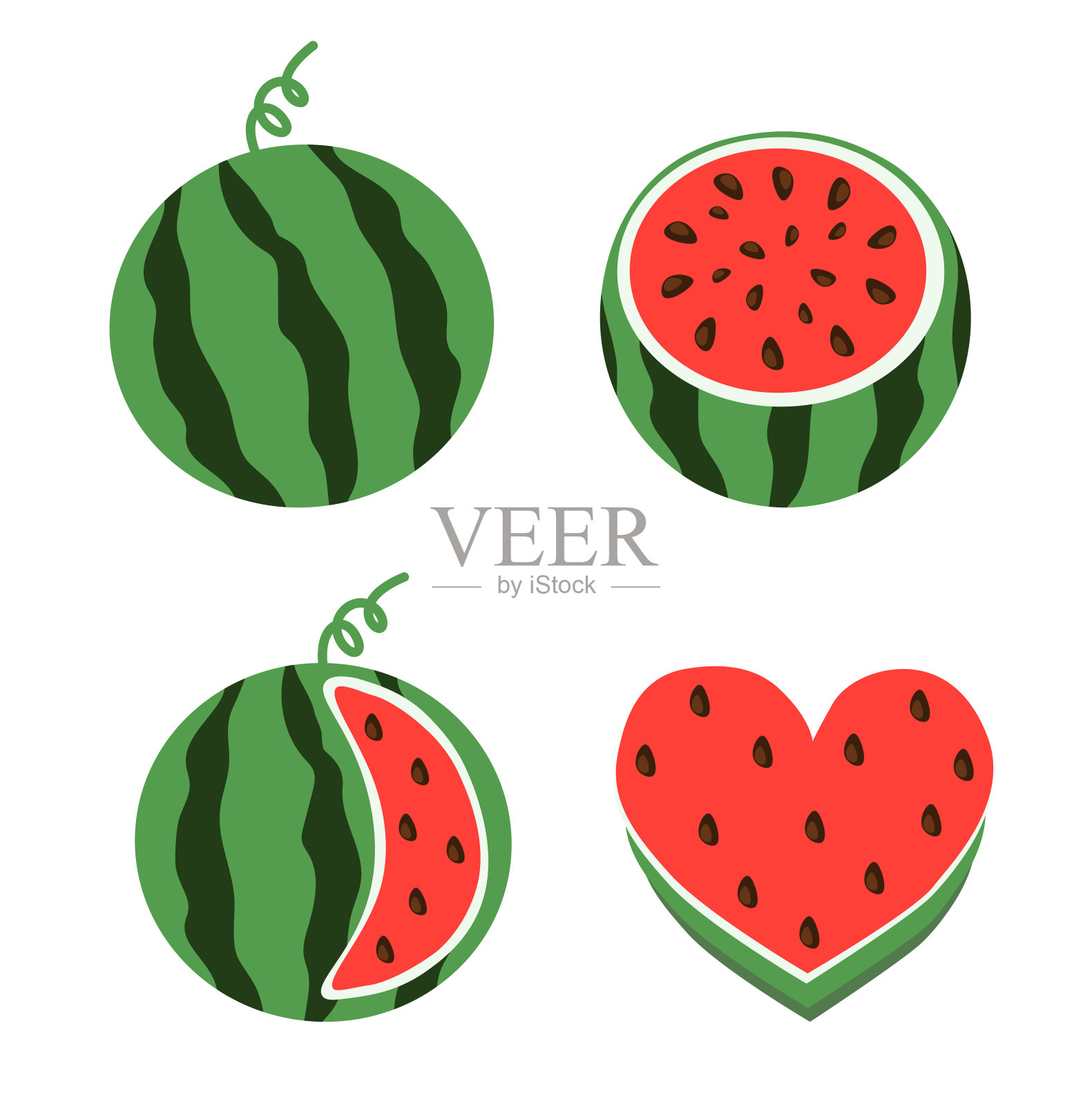 西瓜向量集。整片，切片，解剖，心形。平面集合插图。插画图片素材