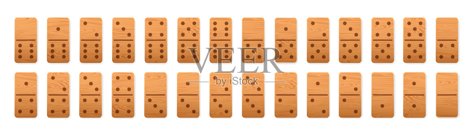 木制多米诺骨牌图标全套。逼真的木头骨牌。游戏图形元素28件。矢量插图EPS 10插画图片素材