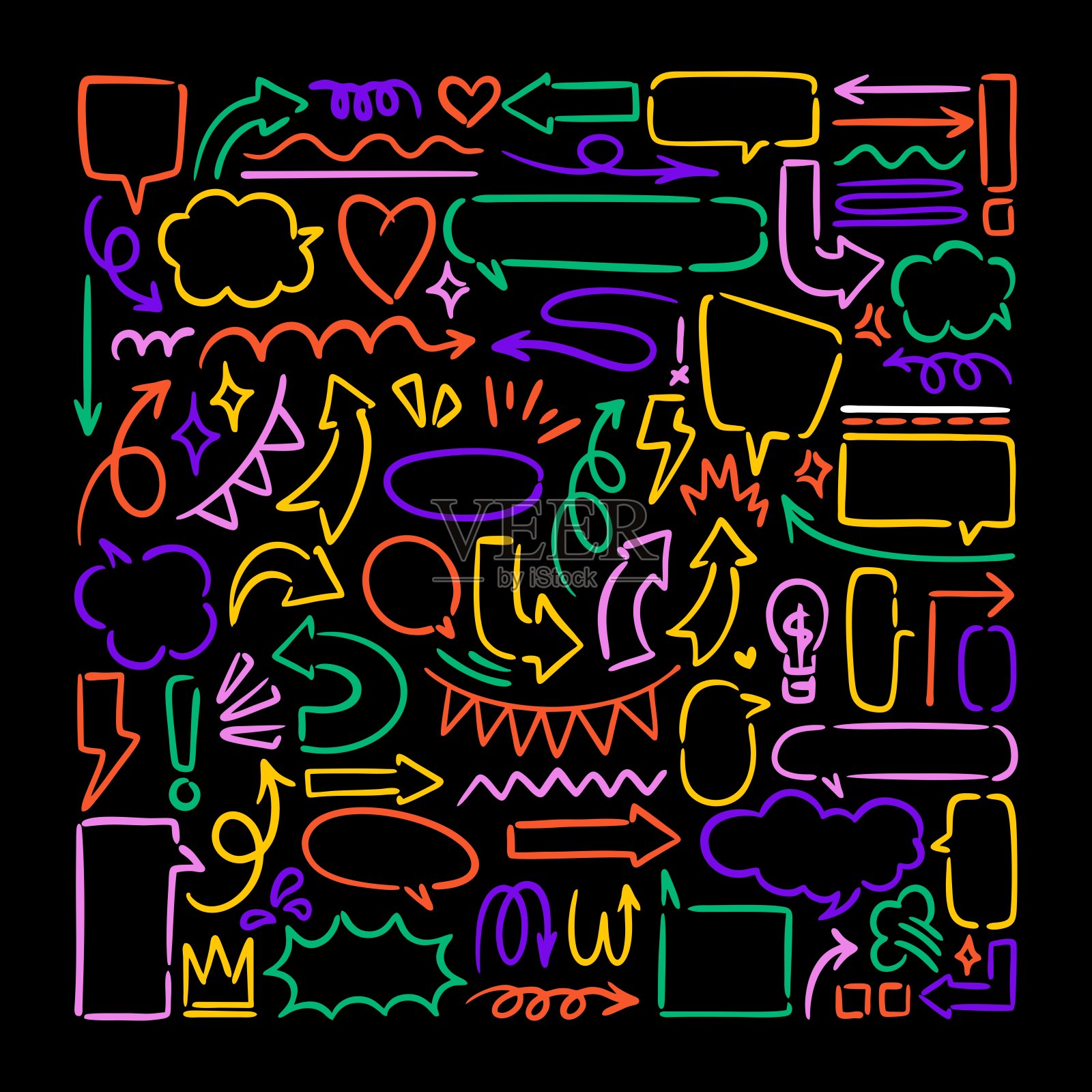 箭头矢量图标集。徒手绘制不同的曲线，漩涡箭头。涂鸦标记画，方向指针。涂鸦和划痕。插画图片素材