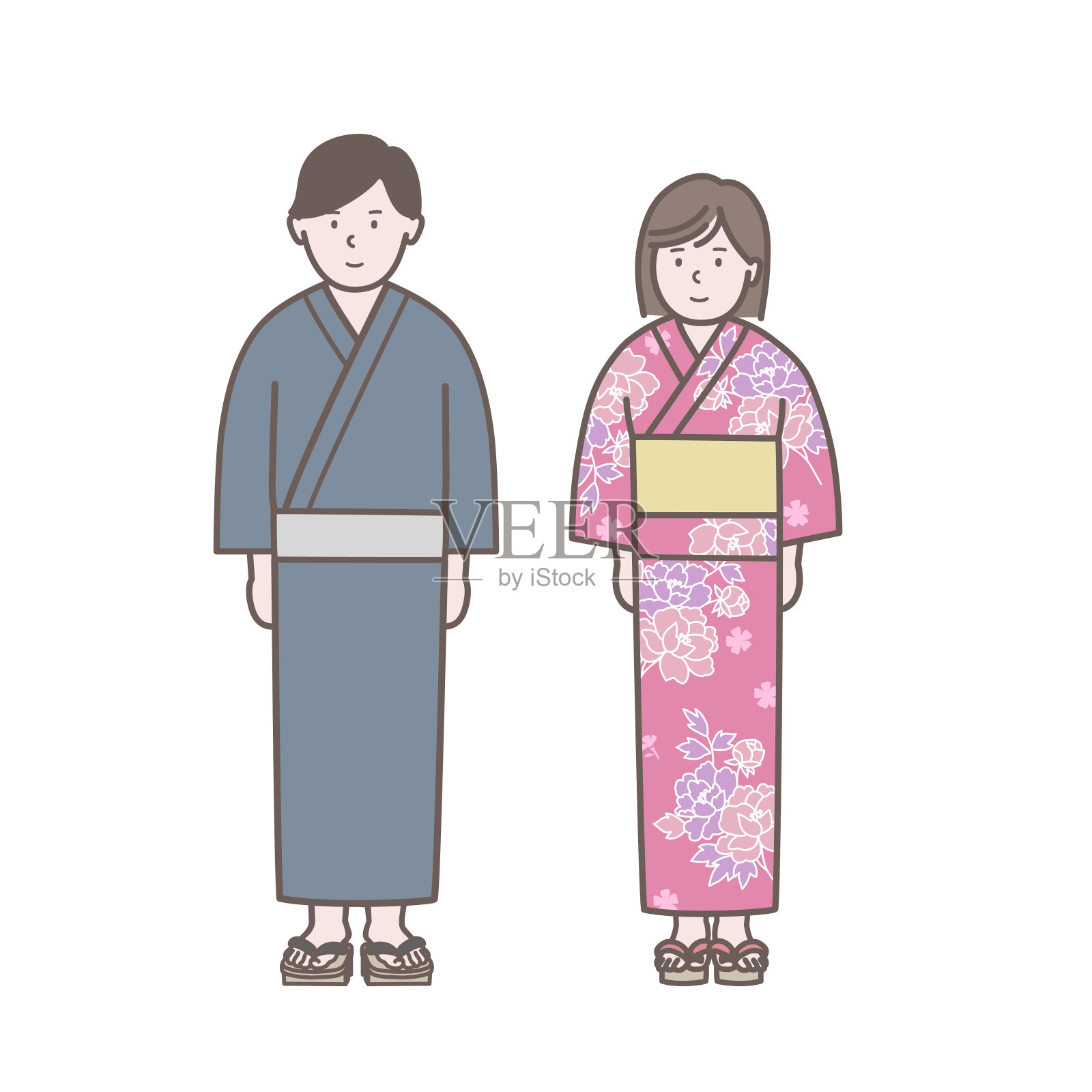 穿着浴衣的青年男女插画图片素材